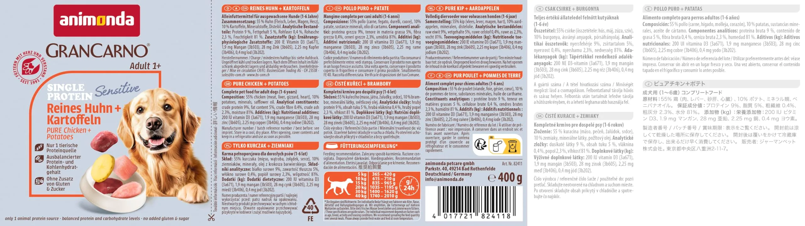 animonda GranCarno Sensitiv Adult cibo per cani, alimento umido per cani adulti, puro pollo + patate, 6 x 400 g - immagine 4
