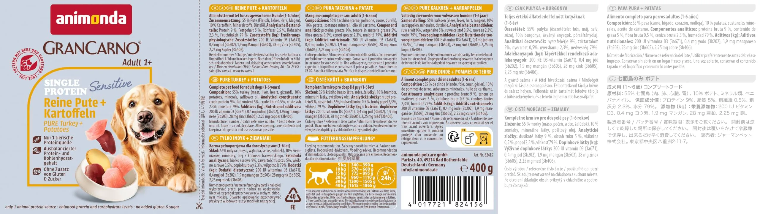 animonda GranCarno Sensitiv Adult cibo per cani, alimento umido per cani adulti, puro tacchino + patate, 6 x 400 g - immagine 5