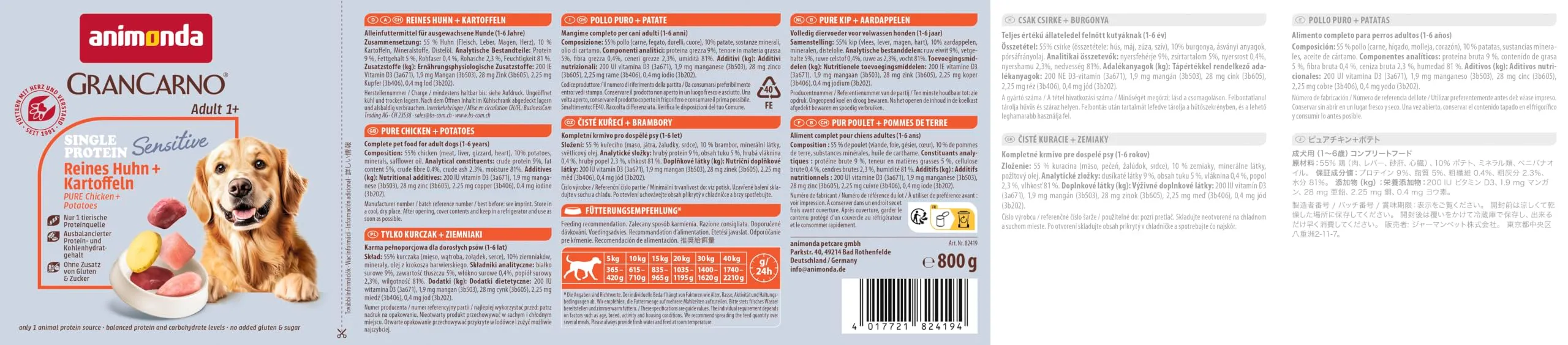 animonda GranCarno Sensitiv Adult cibo per cani, alimento umido per cani adulti, puro pollo + patate, 6 x 800 g - immagine 4