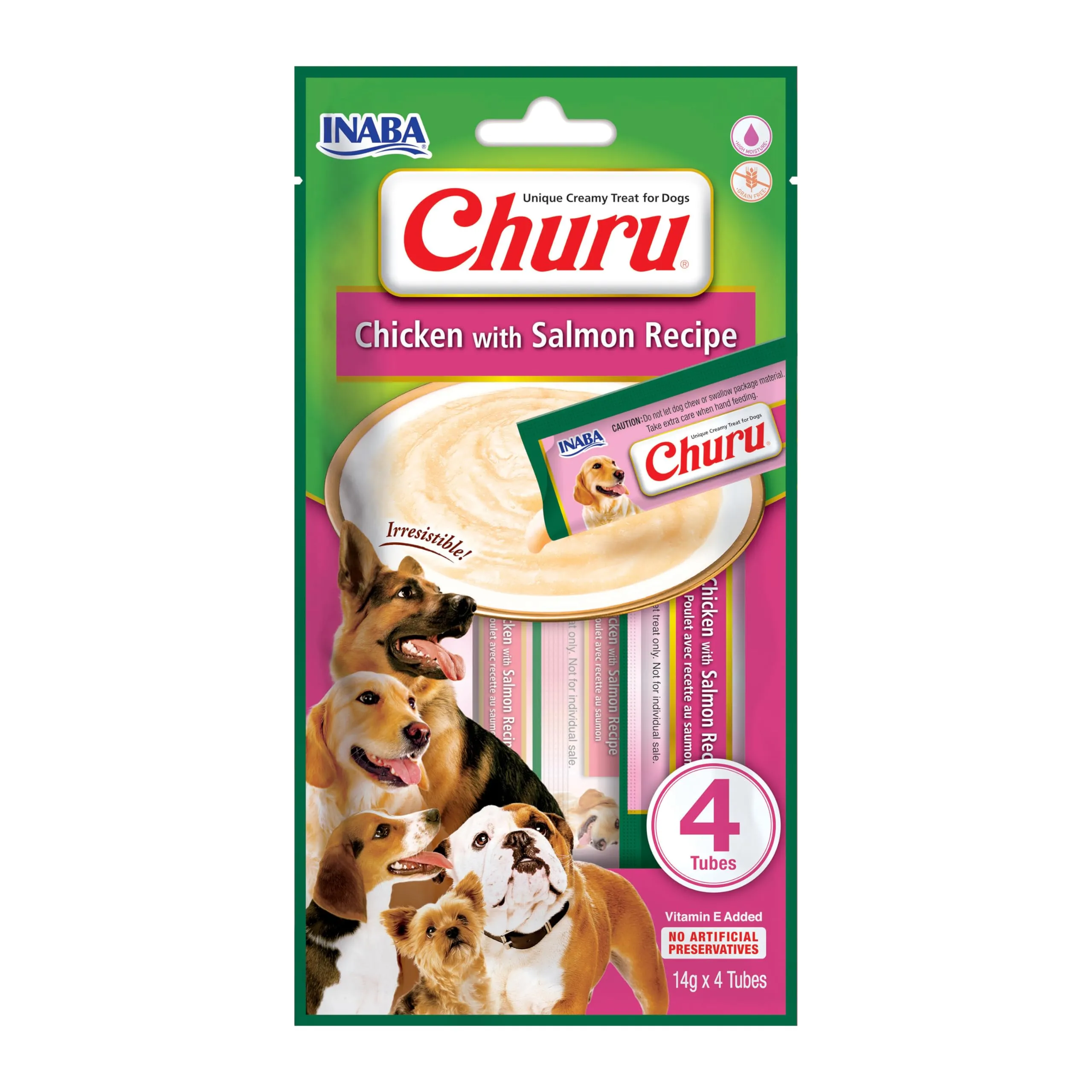 INABA Churu Snack per Cani Cremoso al Pollo e Salmone - 1 Pack (4 Stick x 16gr) - Premietti Cane Ipocalorici, Morbidi e Deliziosi - Cibo per Cani Senza Conservanti o Coloranti Artificiali, Grain-Free - immagine 1
