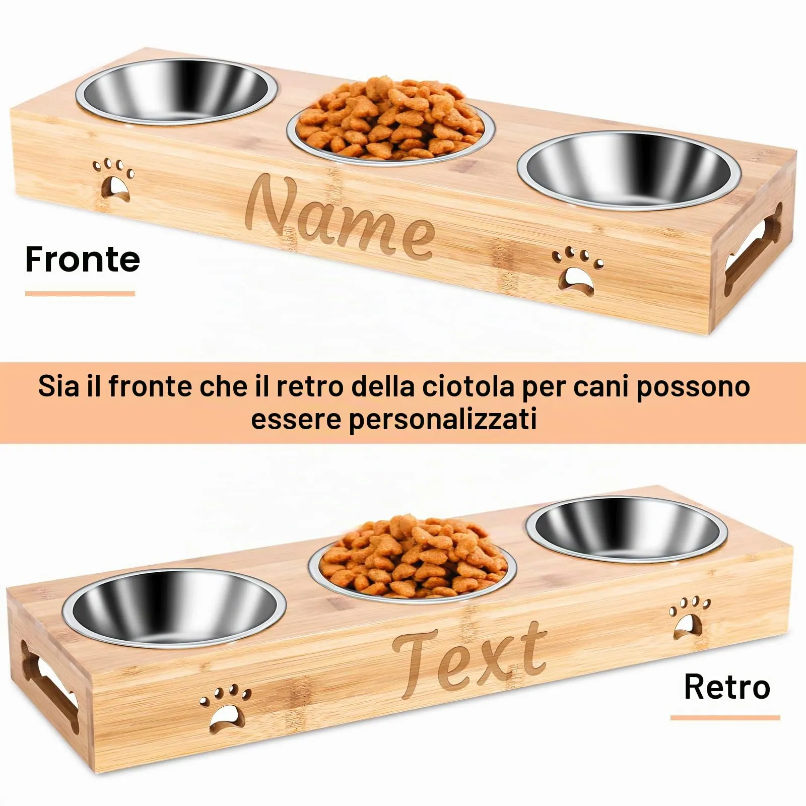 CGFN Ciotole Personalizzate per Cani e Gatti con Nome, Stazione di Alimentazione con Base in Bambù - Testo Personalizzabile (3 Ciotole) - immagine 2