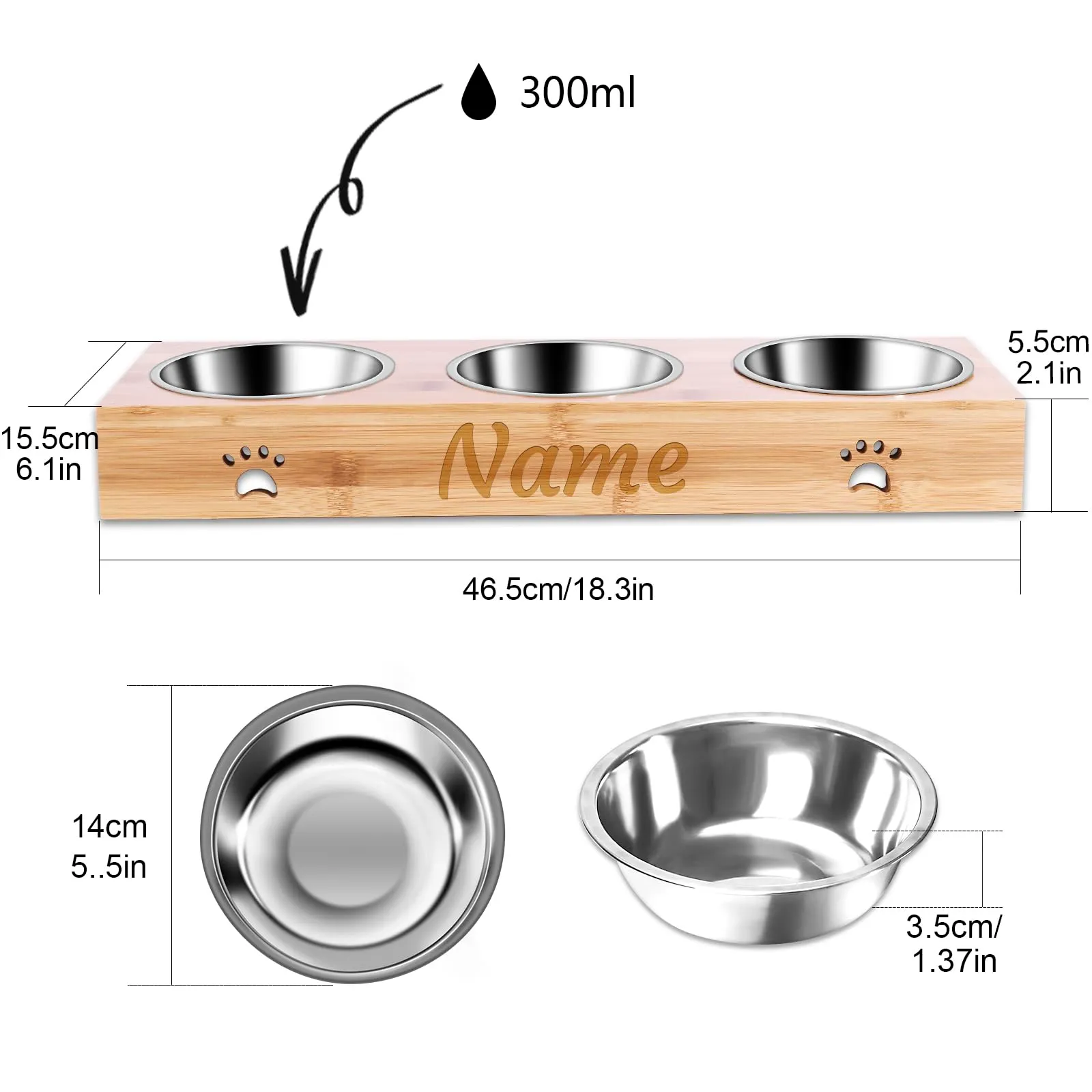 CGFN Ciotole Personalizzate per Cani e Gatti con Nome, Stazione di Alimentazione con Base in Bambù - Testo Personalizzabile (3 Ciotole) - immagine 5