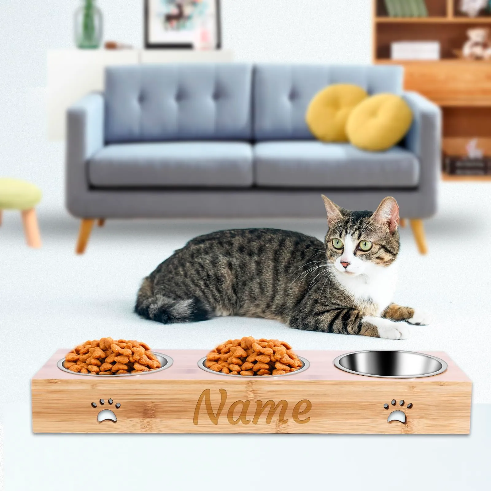 CGFN Ciotole Personalizzate per Cani e Gatti con Nome, Stazione di Alimentazione con Base in Bambù - Testo Personalizzabile (3 Ciotole) - immagine 7