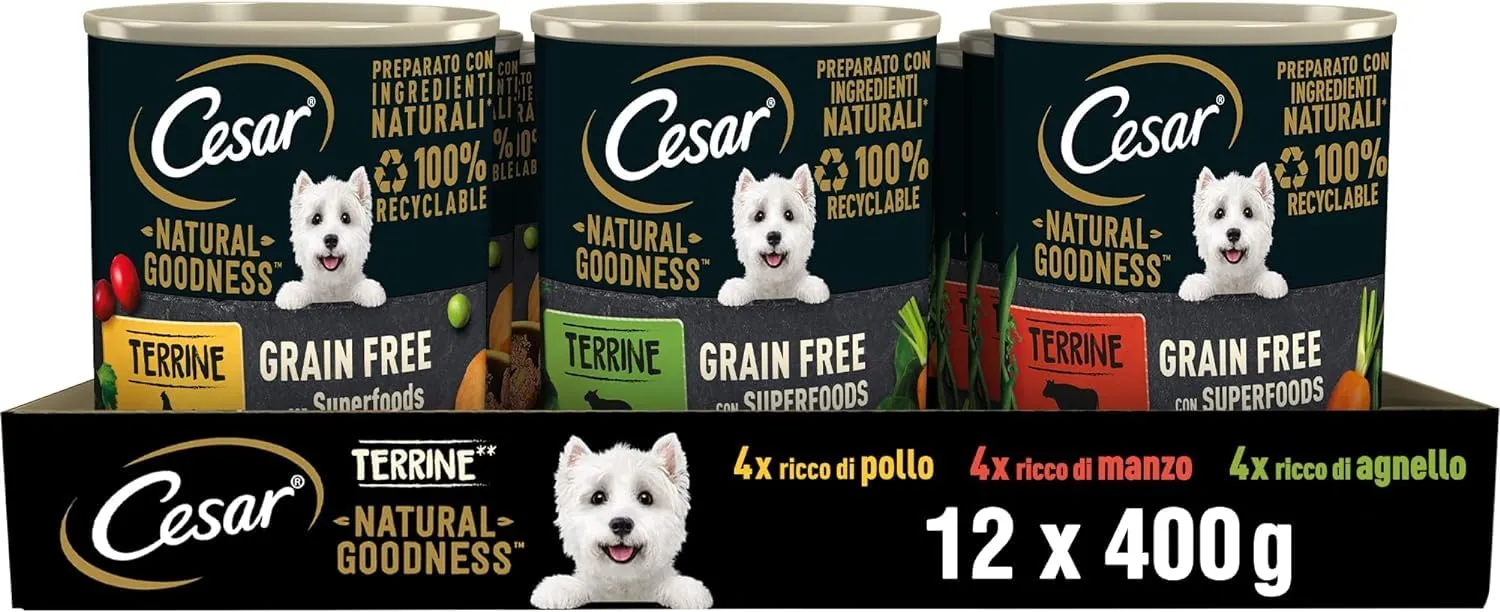 Cesar Natural Goodness Cibo Umido per Cani al Gusto di Pollo, Manzo e Agnello, 12 Lattine da 400 g, Totale 4.8 kg - immagine 1