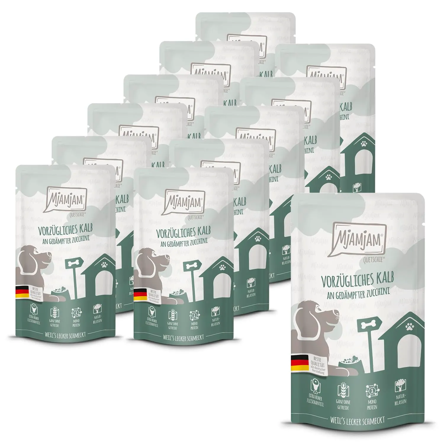MjAMjAM - Cibo umido premium per cani - Quetschie - delizioso vitello accompagnato da zucchine cotte, confezione da 12 (12 x 125g), senza cereali con carne extra - immagine 1