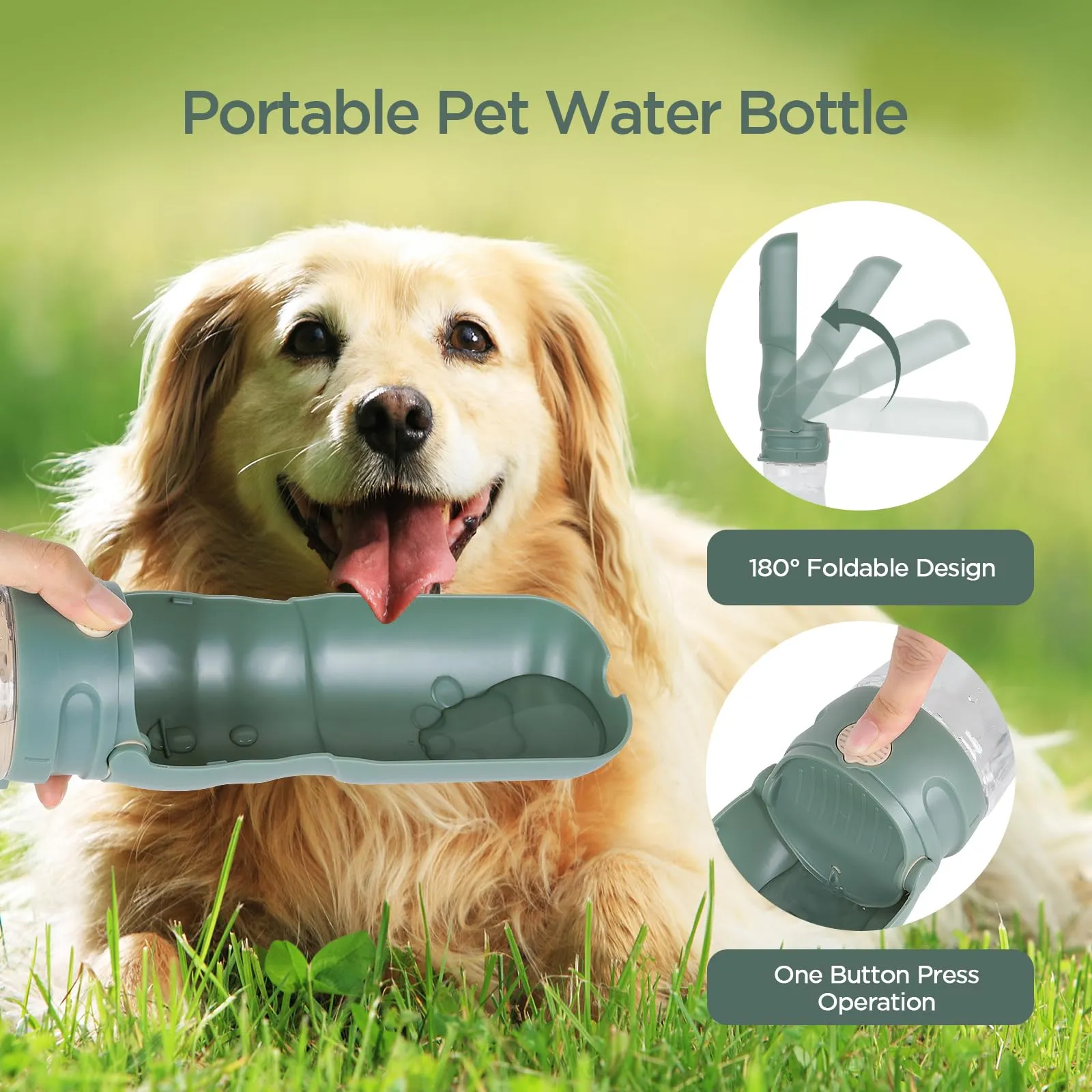 AiQInu 520ML Borraccia per Cani Portatile, 180° Ripiegabile Borraccia Cane, Antigoccia Dispenser Acqua Cani con Filtro a Carboni Attivi, Bottiglia Cani per Il Campeggio Quotidiano a Piedi, Verde - immagine 2