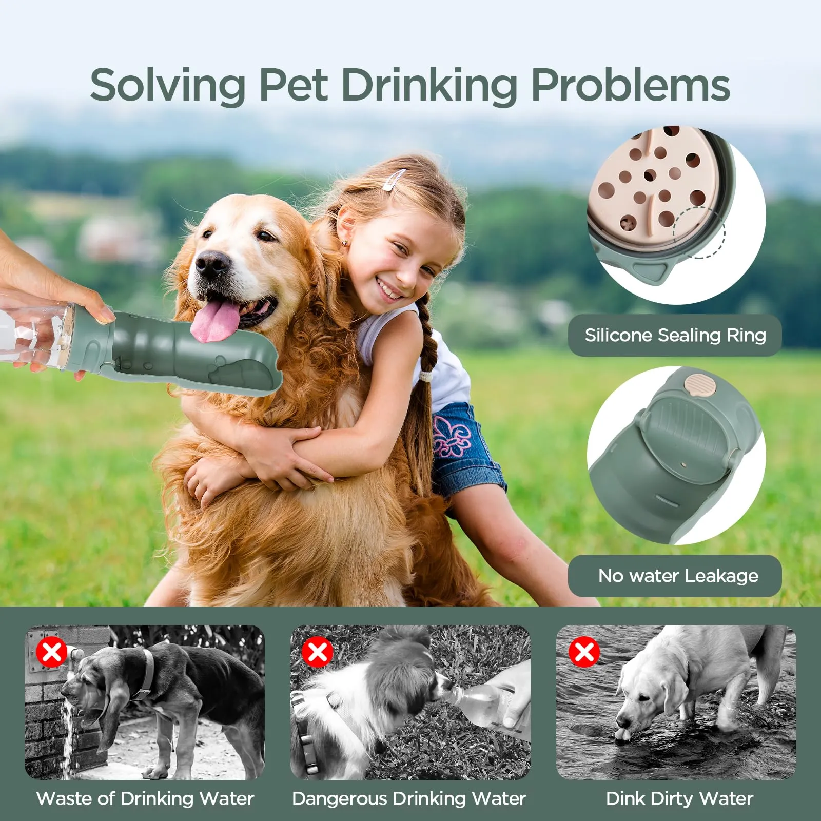 AiQInu 520ML Borraccia per Cani Portatile, 180° Ripiegabile Borraccia Cane, Antigoccia Dispenser Acqua Cani con Filtro a Carboni Attivi, Bottiglia Cani per Il Campeggio Quotidiano a Piedi, Verde - immagine 4