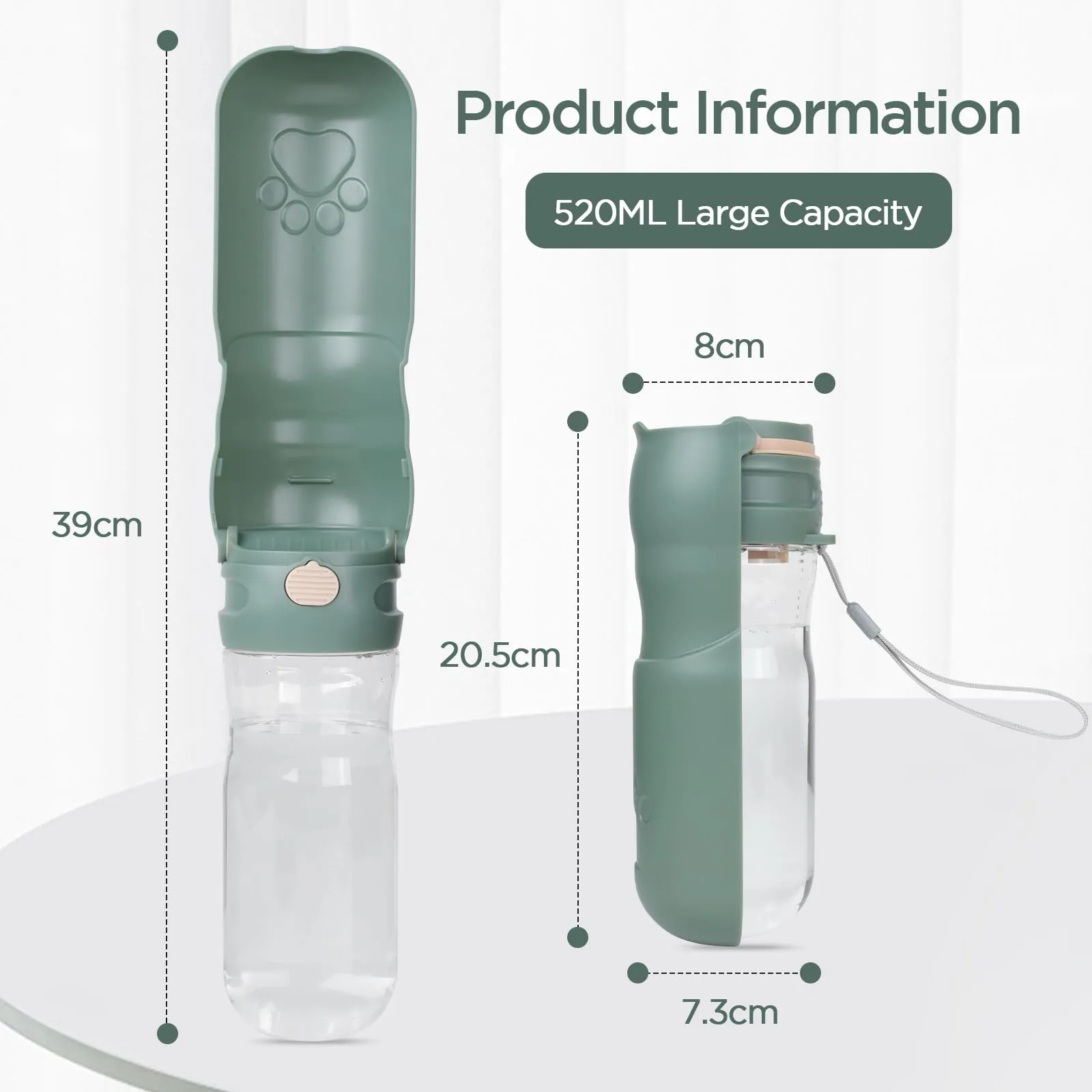 AiQInu 520ML Borraccia per Cani Portatile, 180° Ripiegabile Borraccia Cane, Antigoccia Dispenser Acqua Cani con Filtro a Carboni Attivi, Bottiglia Cani per Il Campeggio Quotidiano a Piedi, Verde - immagine 5