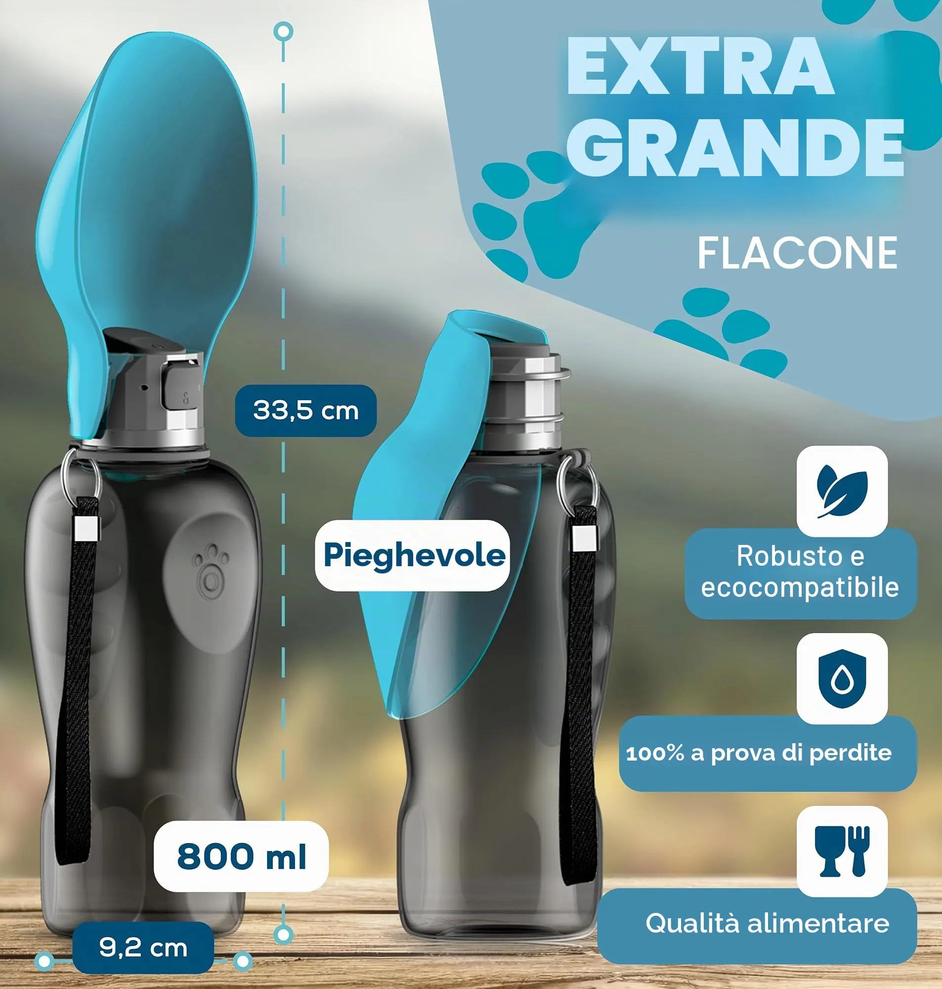 Paws Elegance Prova di Perdite Borraccia Cane Portatile da 800 ml per il Viaggio | Incluso Contenitore per il Cibo e Spazzolino da Denti | Premium Beverino per Cani - immagine 2