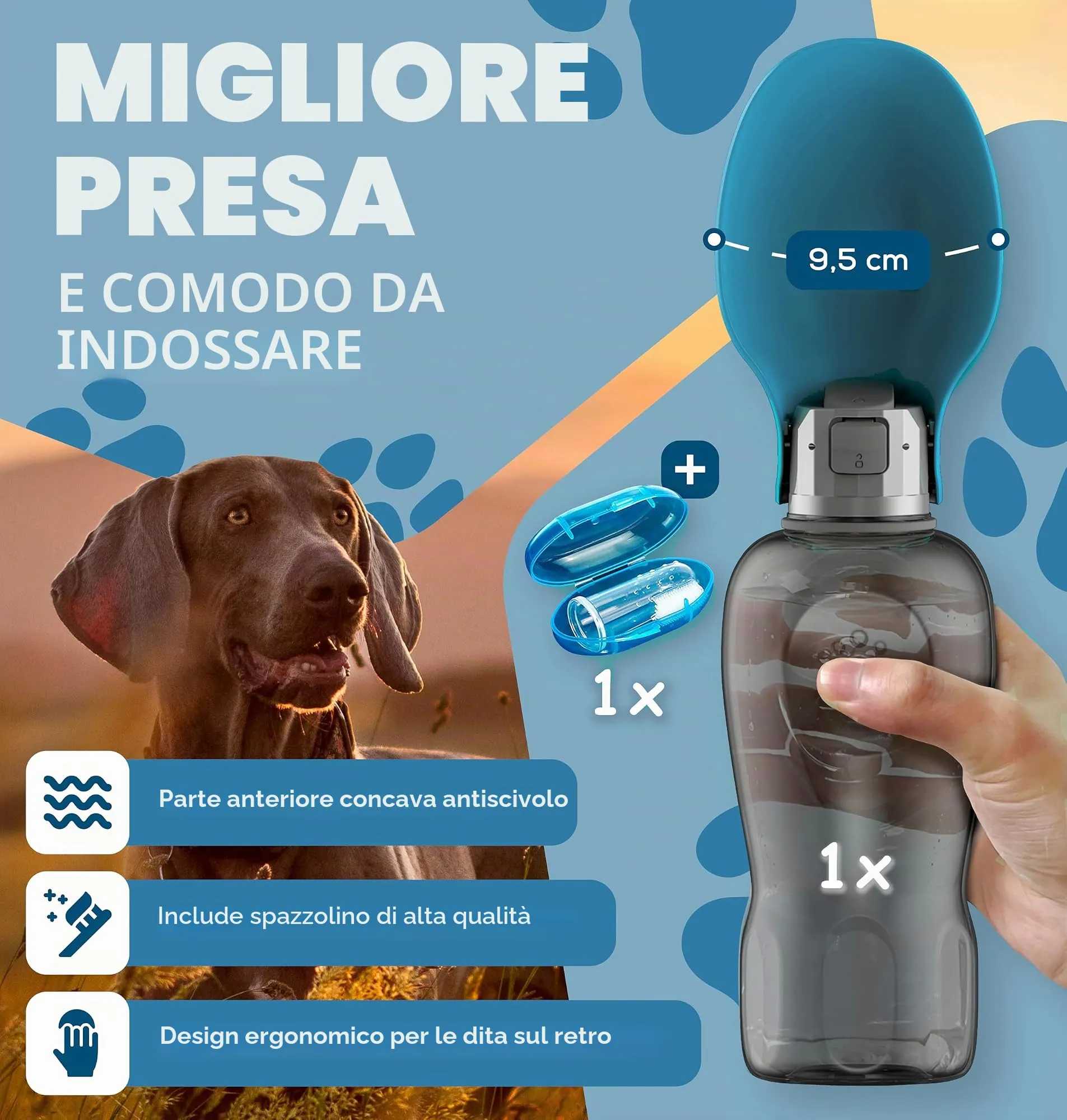 Paws Elegance Prova di Perdite Borraccia Cane Portatile da 800 ml per il Viaggio | Incluso Contenitore per il Cibo e Spazzolino da Denti | Premium Beverino per Cani - immagine 3