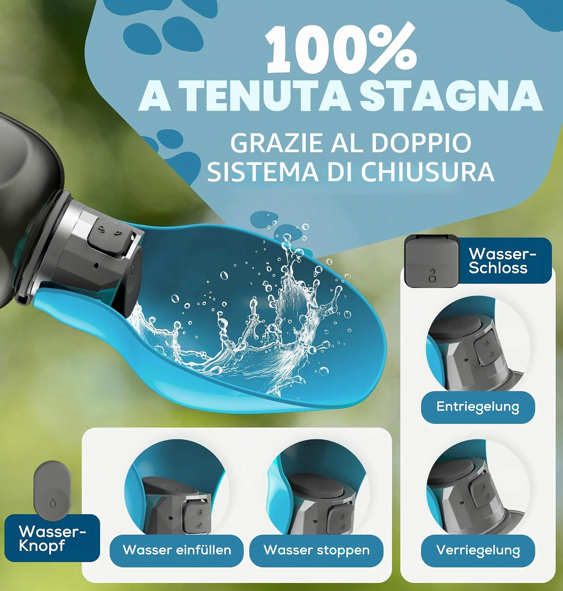 Paws Elegance Prova di Perdite Borraccia Cane Portatile da 800 ml per il Viaggio | Incluso Contenitore per il Cibo e Spazzolino da Denti | Premium Beverino per Cani - immagine 4