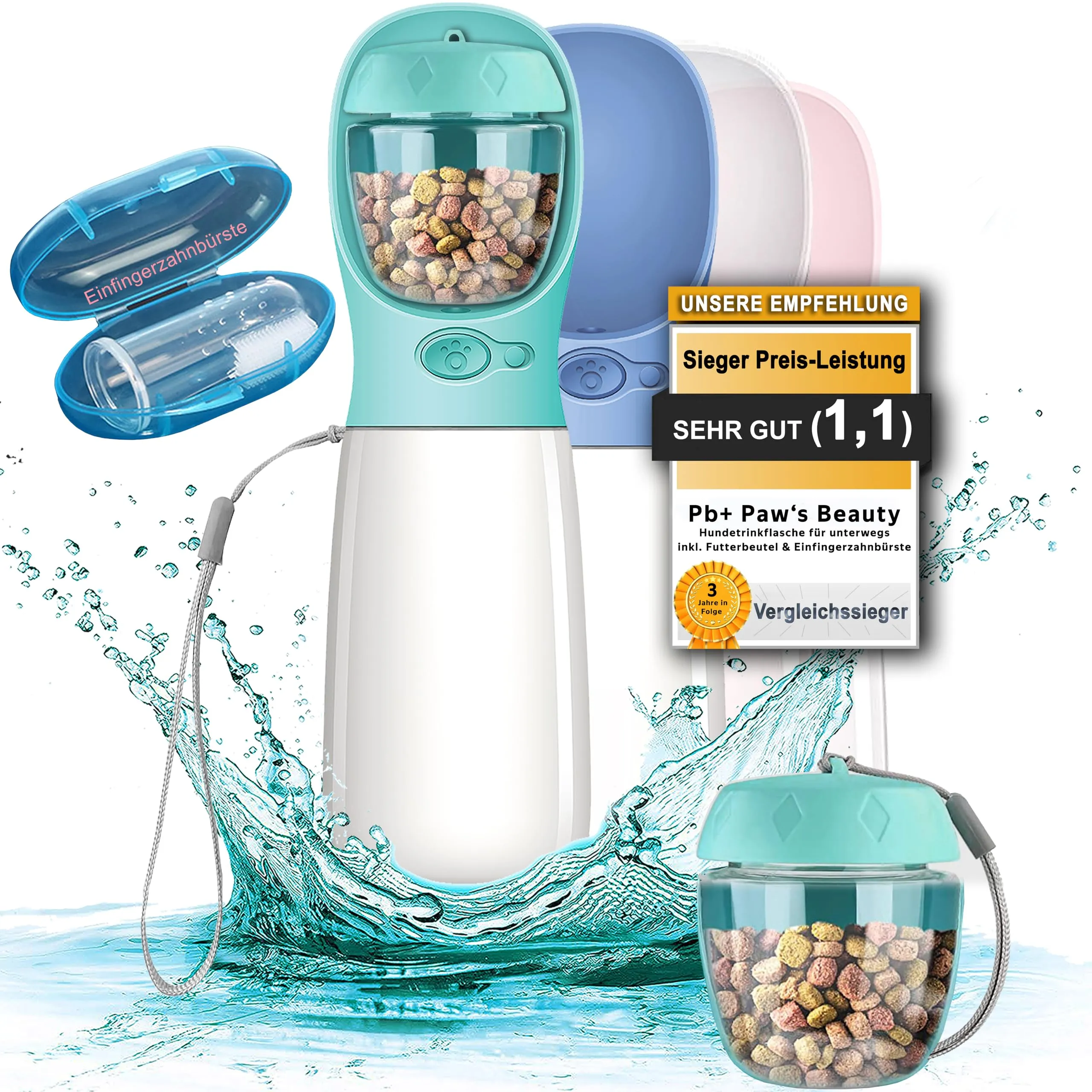 Paws Elegance Lavabile in Lavastoviglie e a Prova di Perdite Borraccia Cane Portatile da 550 ml per il Viaggio | Incluso Contenitore per il Cibo e Spazzolino da Denti | Premium Beverino per Cani - immagine 1
