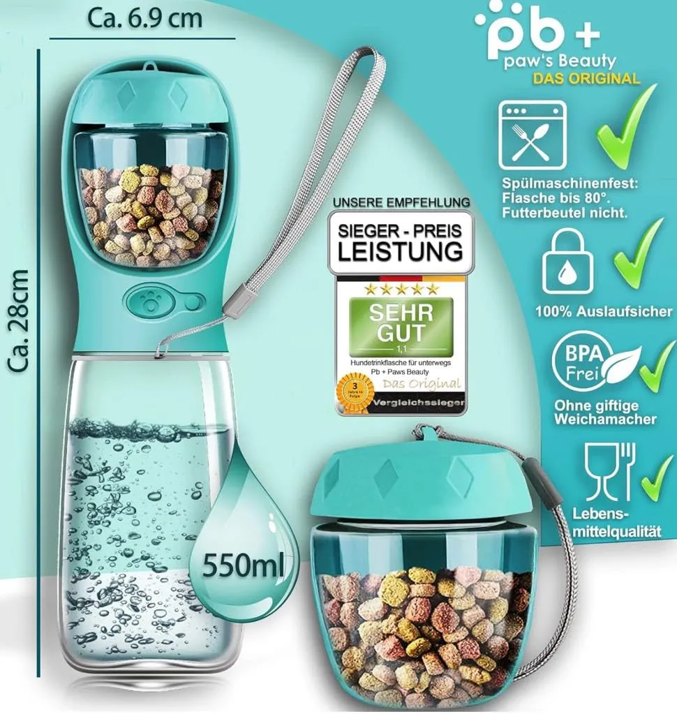 Paws Elegance Lavabile in Lavastoviglie e a Prova di Perdite Borraccia Cane Portatile da 550 ml per il Viaggio | Incluso Contenitore per il Cibo e Spazzolino da Denti | Premium Beverino per Cani - immagine 2
