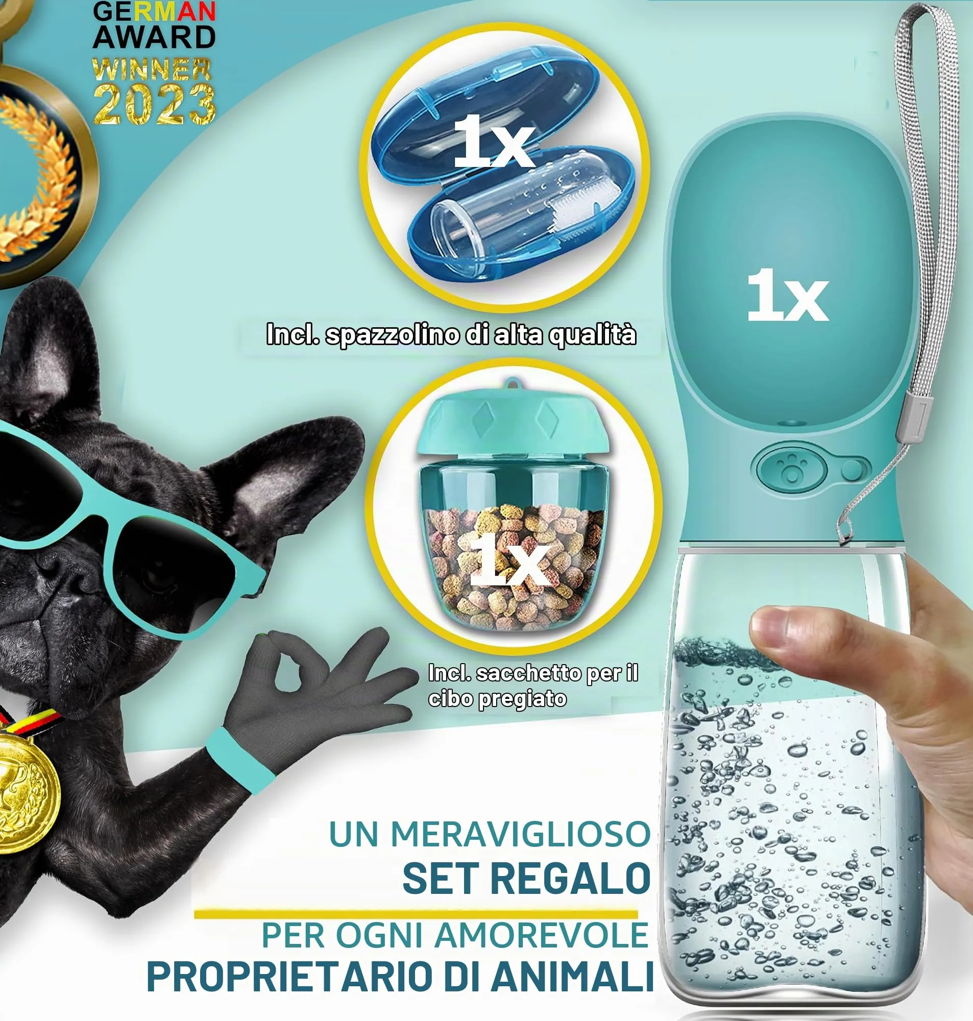 Paws Elegance Lavabile in Lavastoviglie e a Prova di Perdite Borraccia Cane Portatile da 550 ml per il Viaggio | Incluso Contenitore per il Cibo e Spazzolino da Denti | Premium Beverino per Cani - immagine 3