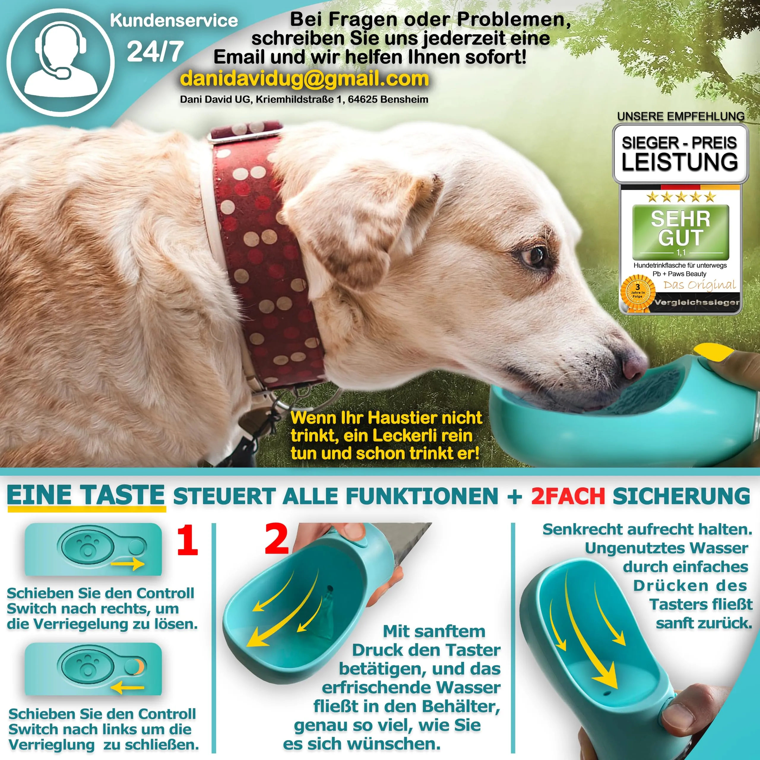Paws Elegance Lavabile in Lavastoviglie e a Prova di Perdite Borraccia Cane Portatile da 550 ml per il Viaggio | Incluso Contenitore per il Cibo e Spazzolino da Denti | Premium Beverino per Cani - immagine 4