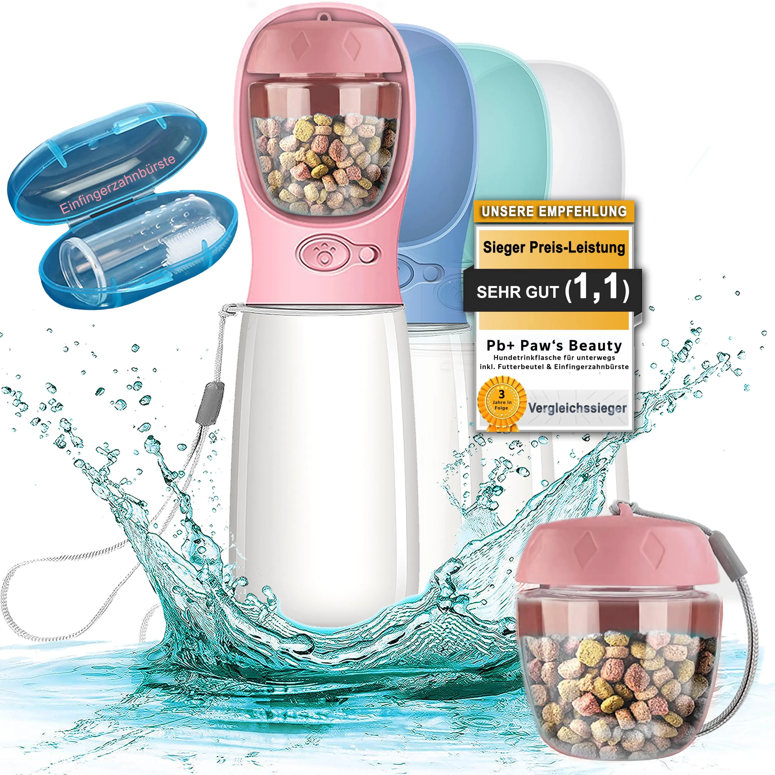 Paws Elegance Lavabile in Lavastoviglie e a Prova di Perdite Borraccia Cane Portatile da 550 ml per il Viaggio | Incluso Contenitore per il Cibo e Spazzolino da Denti | Premium Beverino per Cani - immagine 1