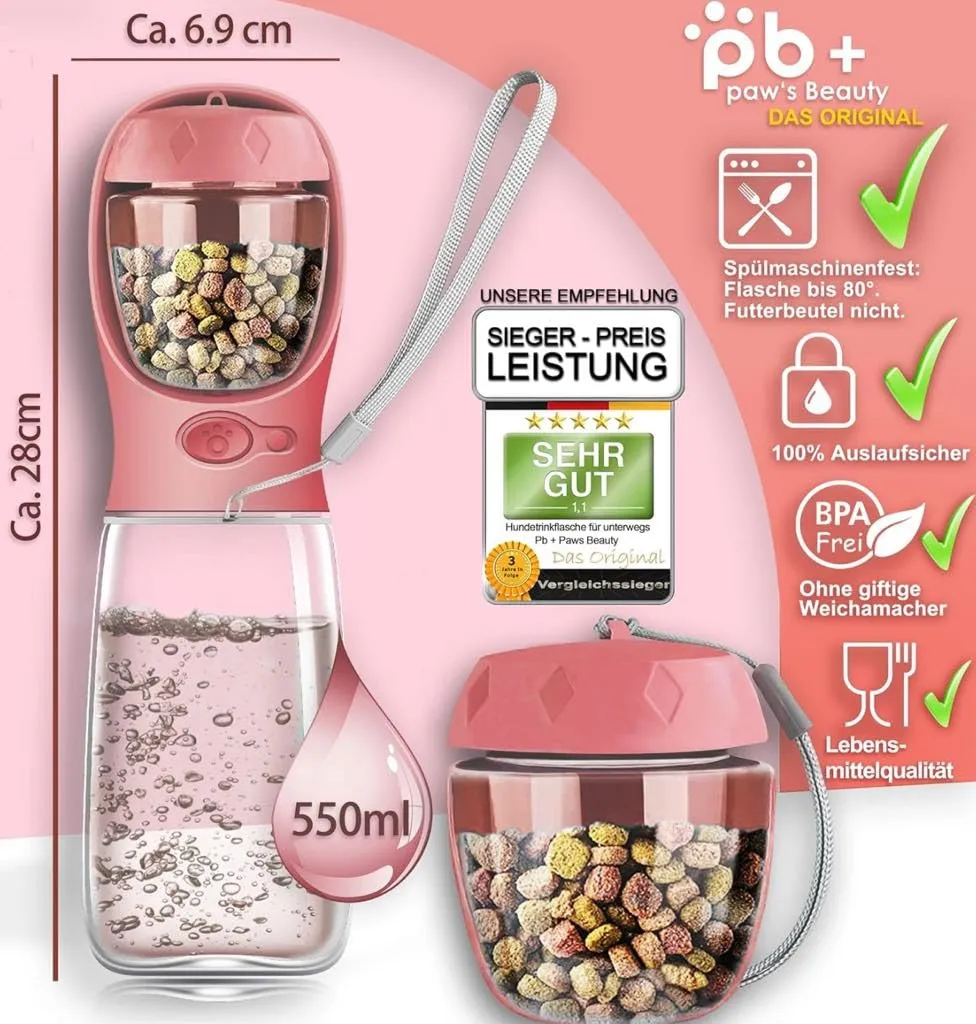 Paws Elegance Lavabile in Lavastoviglie e a Prova di Perdite Borraccia Cane Portatile da 550 ml per il Viaggio | Incluso Contenitore per il Cibo e Spazzolino da Denti | Premium Beverino per Cani - immagine 2