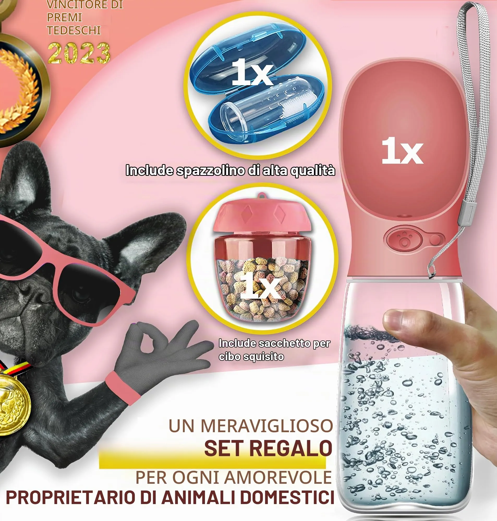 Paws Elegance Lavabile in Lavastoviglie e a Prova di Perdite Borraccia Cane Portatile da 550 ml per il Viaggio | Incluso Contenitore per il Cibo e Spazzolino da Denti | Premium Beverino per Cani - immagine 3