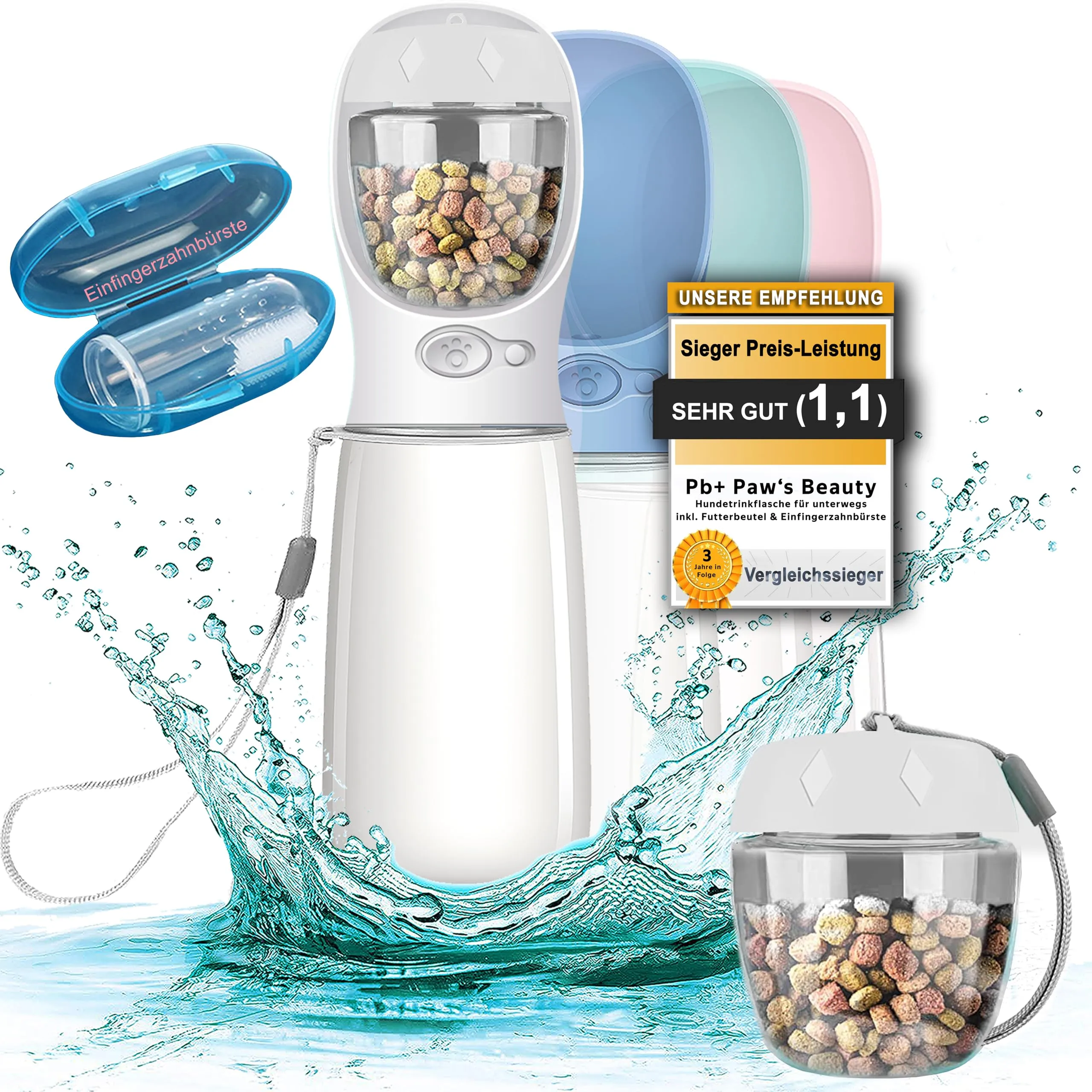 Paws Elegance Lavabile in Lavastoviglie e a Prova di Perdite Borraccia Cane Portatile da 550 ml per il Viaggio | Incluso Contenitore per il Cibo e Spazzolino da Denti | Premium Beverino per Cani - immagine 1