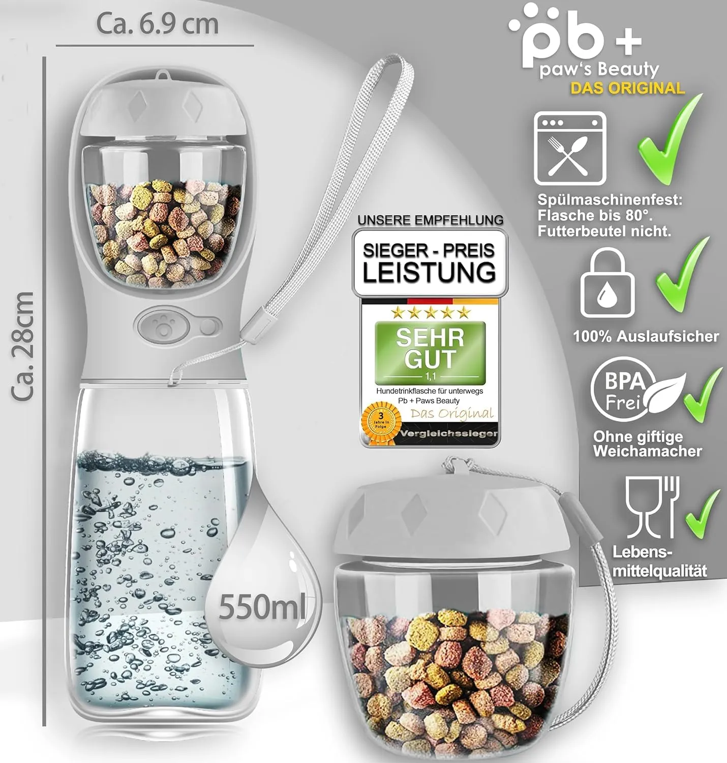 Paws Elegance Lavabile in Lavastoviglie e a Prova di Perdite Borraccia Cane Portatile da 550 ml per il Viaggio | Incluso Contenitore per il Cibo e Spazzolino da Denti | Premium Beverino per Cani - immagine 2