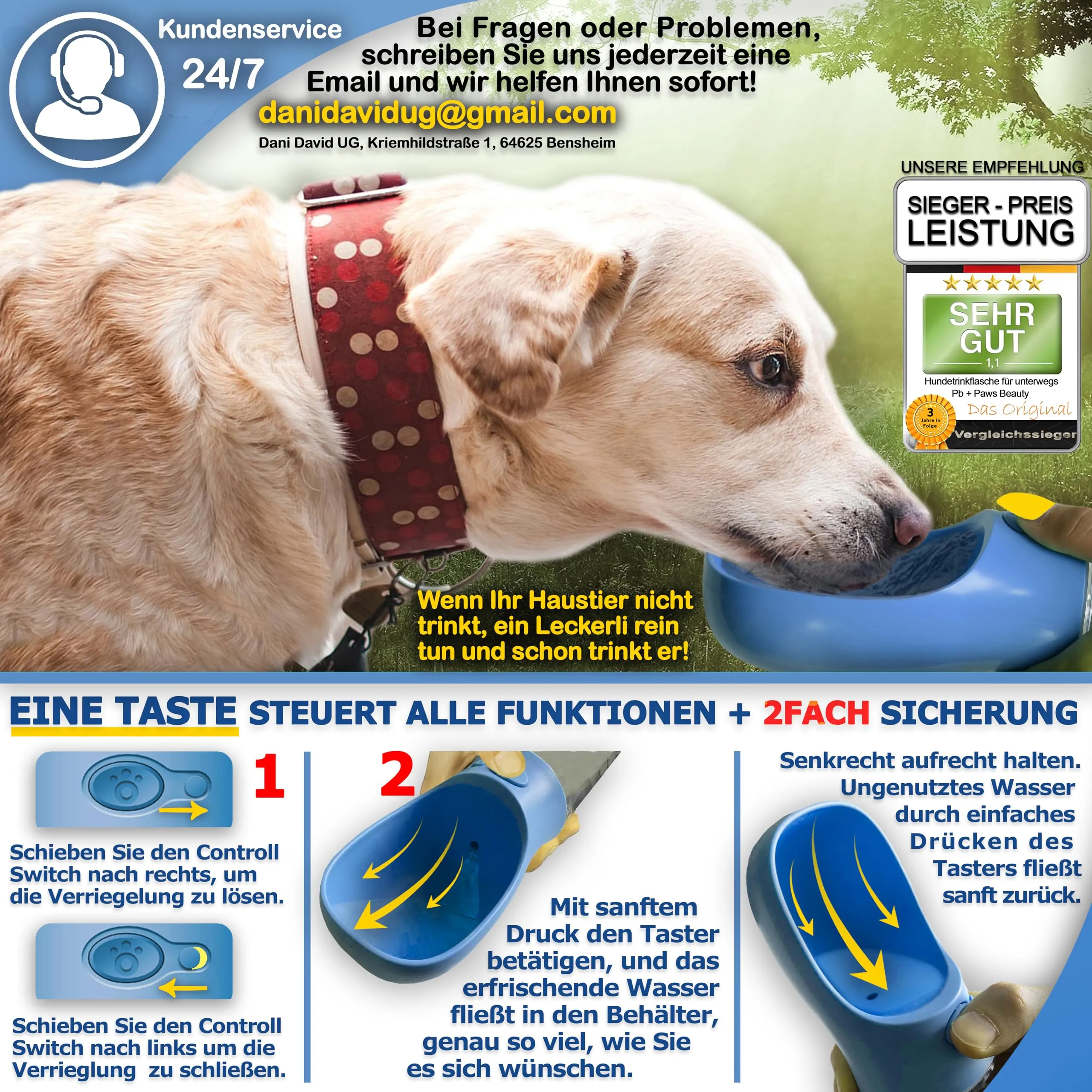 Paws Elegance Lavabile in Lavastoviglie e a Prova di Perdite Borraccia Cane Portatile da 550 ml per il Viaggio | Incluso Contenitore per il Cibo e Spazzolino da Denti | Premium Beverino per Cani - immagine 4