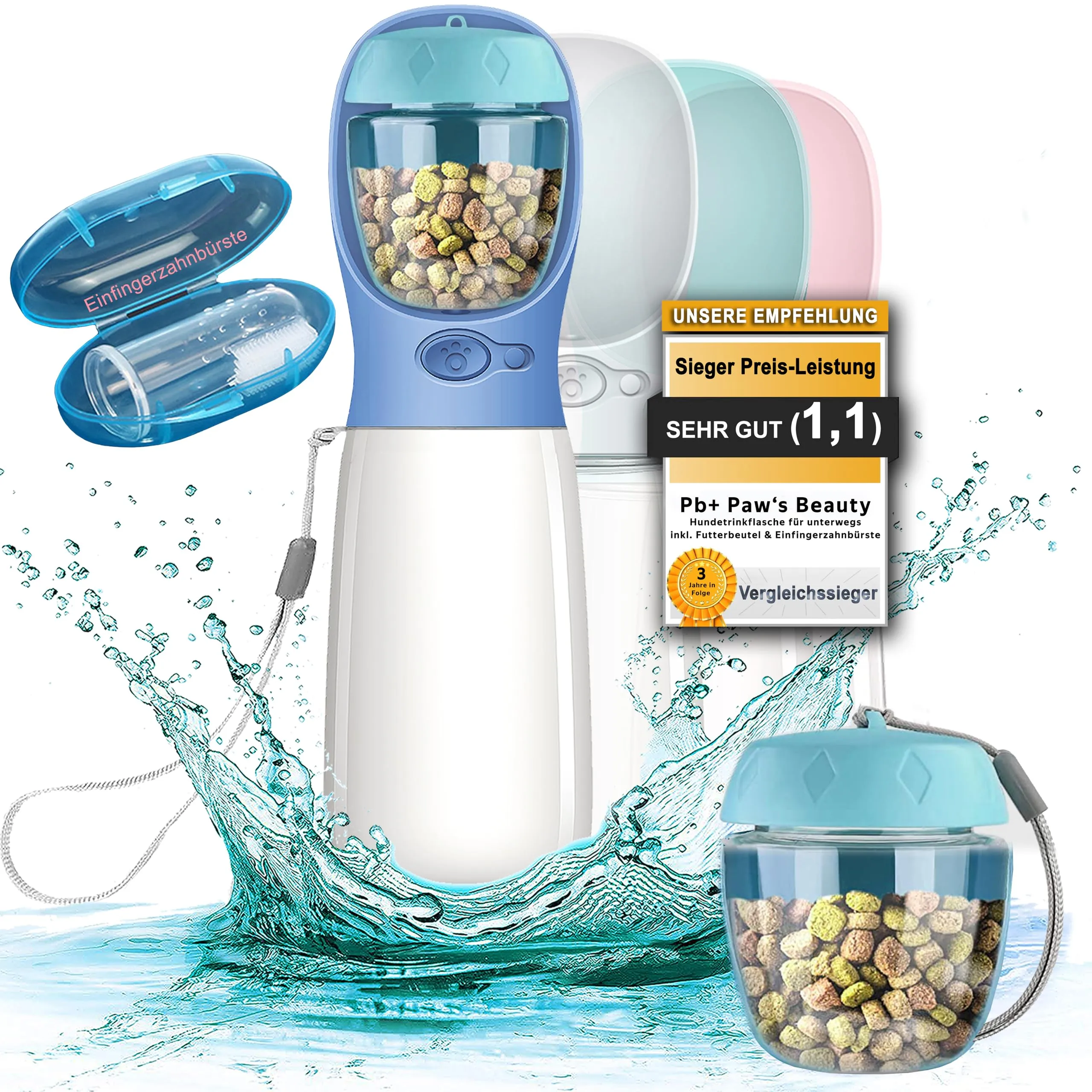 Paws Elegance Lavabile in Lavastoviglie e a Prova di Perdite Borraccia Cane Portatile da 550 ml per il Viaggio | Incluso Contenitore per il Cibo e Spazzolino da Denti | Premium Beverino per Cani - immagine 1