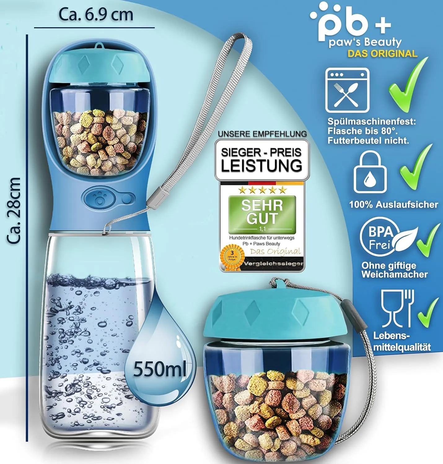 Paws Elegance Lavabile in Lavastoviglie e a Prova di Perdite Borraccia Cane Portatile da 550 ml per il Viaggio | Incluso Contenitore per il Cibo e Spazzolino da Denti | Premium Beverino per Cani - immagine 2