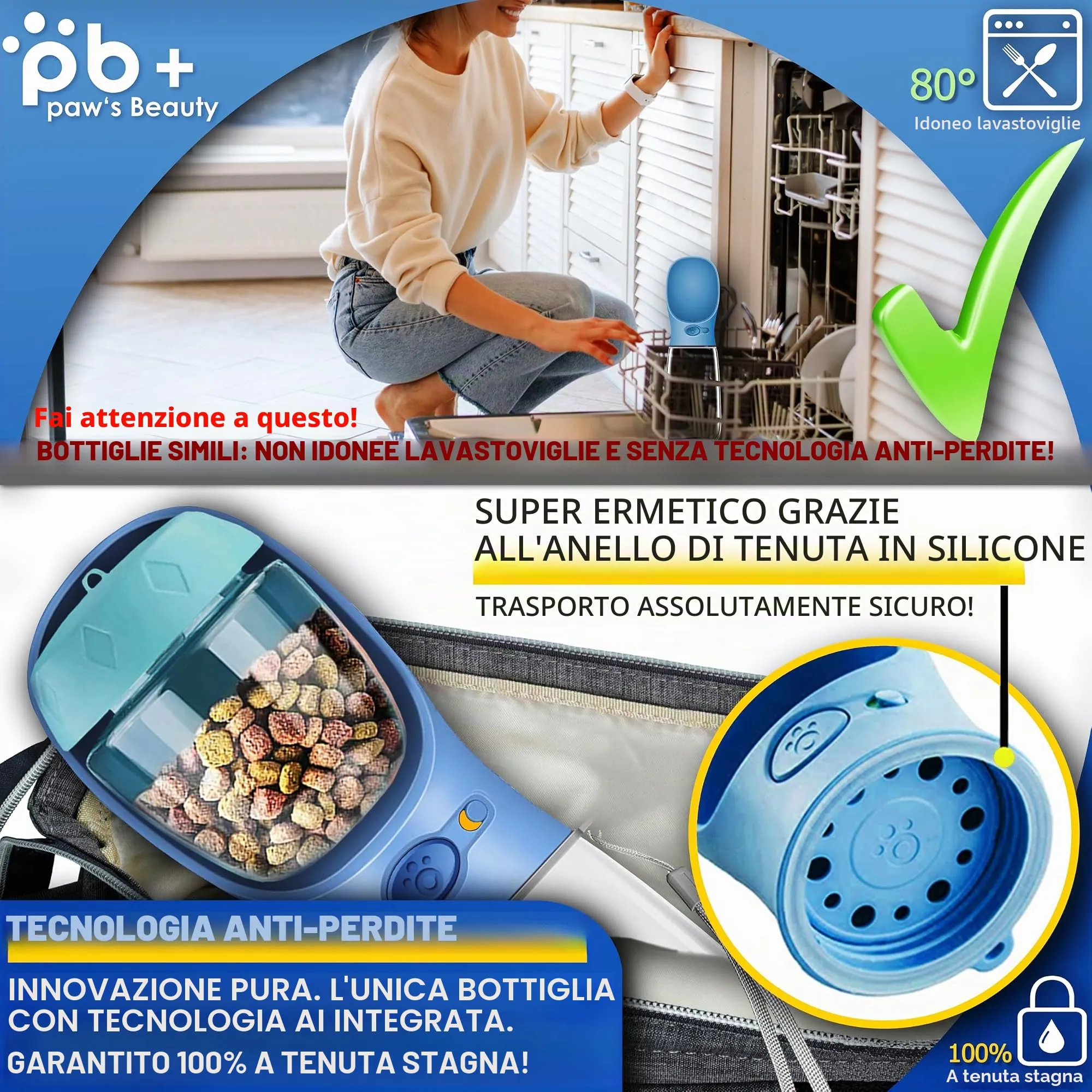 Paws Elegance Lavabile in Lavastoviglie e a Prova di Perdite Borraccia Cane Portatile da 550 ml per il Viaggio | Incluso Contenitore per il Cibo e Spazzolino da Denti | Premium Beverino per Cani - immagine 5