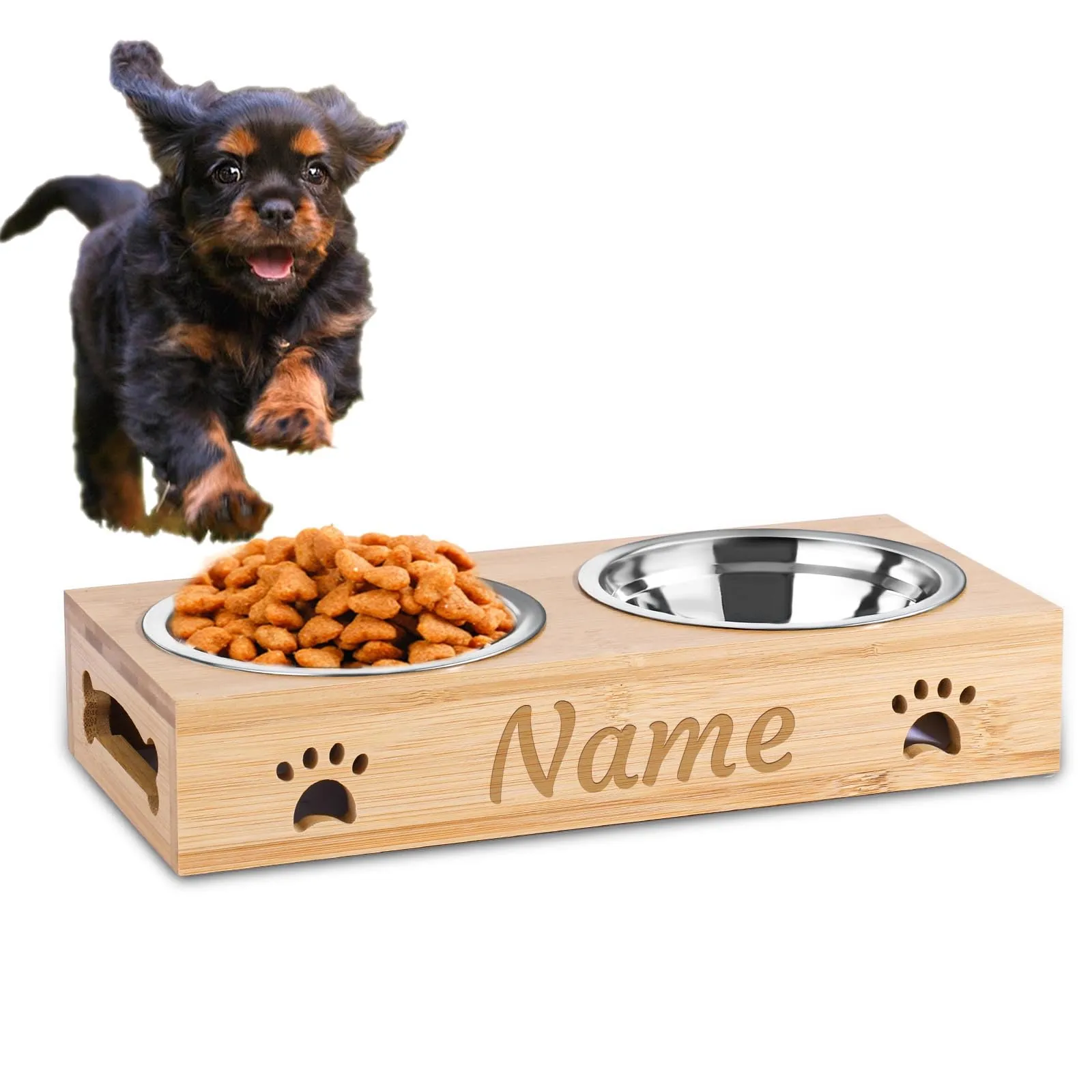 CGFN Ciotole Personalizzate per Cani e Gatti con Nome, Stazione di Alimentazione con Base in Bambù - Testo Personalizzabile (2 Ciotole) - immagine 1