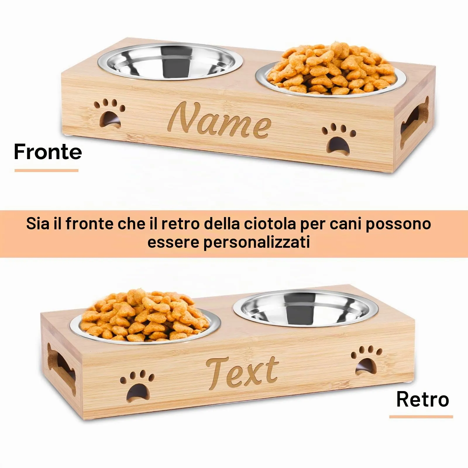 CGFN Ciotole Personalizzate per Cani e Gatti con Nome, Stazione di Alimentazione con Base in Bambù - Testo Personalizzabile (2 Ciotole) - immagine 2