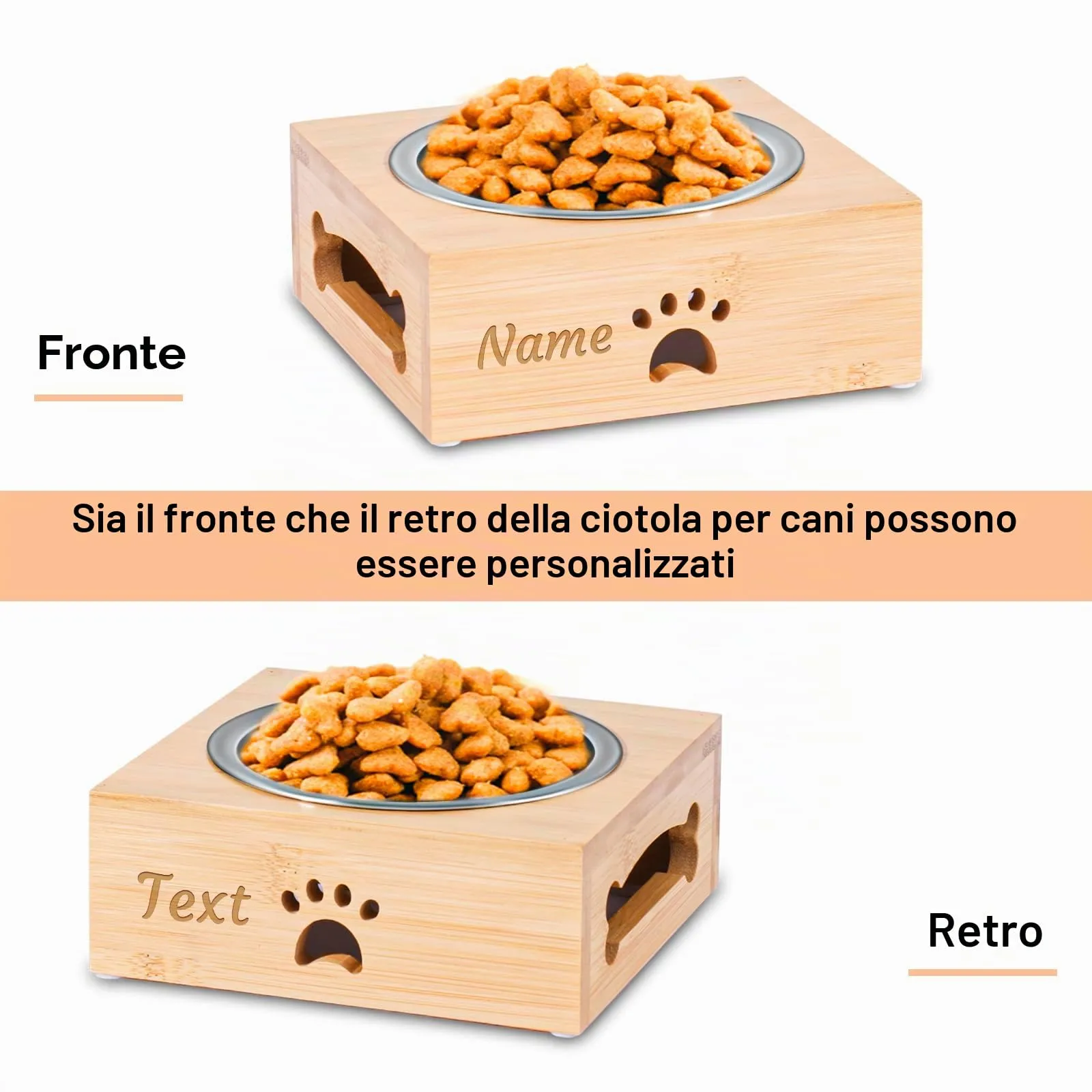 Ciotole Personalizzate CGFN per Cani e Gatti - Stazione di Alimentazione con Base in Bambù, Nome e Testo Personalizzabili (1 Ciotola) - immagine 2
