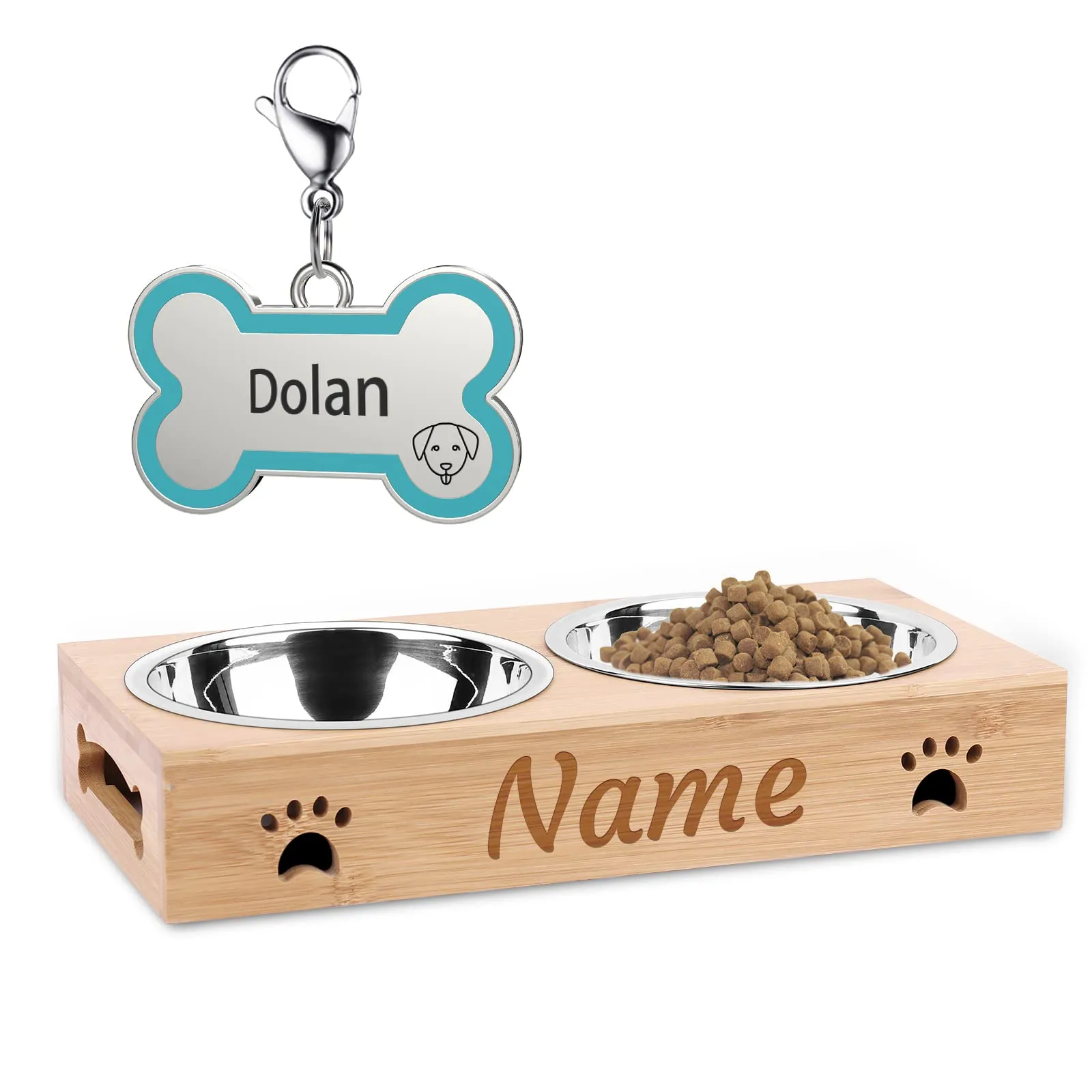 CGFN Ciotole Personalizzate per Cani e Gatti con Nome, Stazione di Alimentazione con Base in Bambù - Testo Personalizzabile (Con Piastrine) - immagine 1
