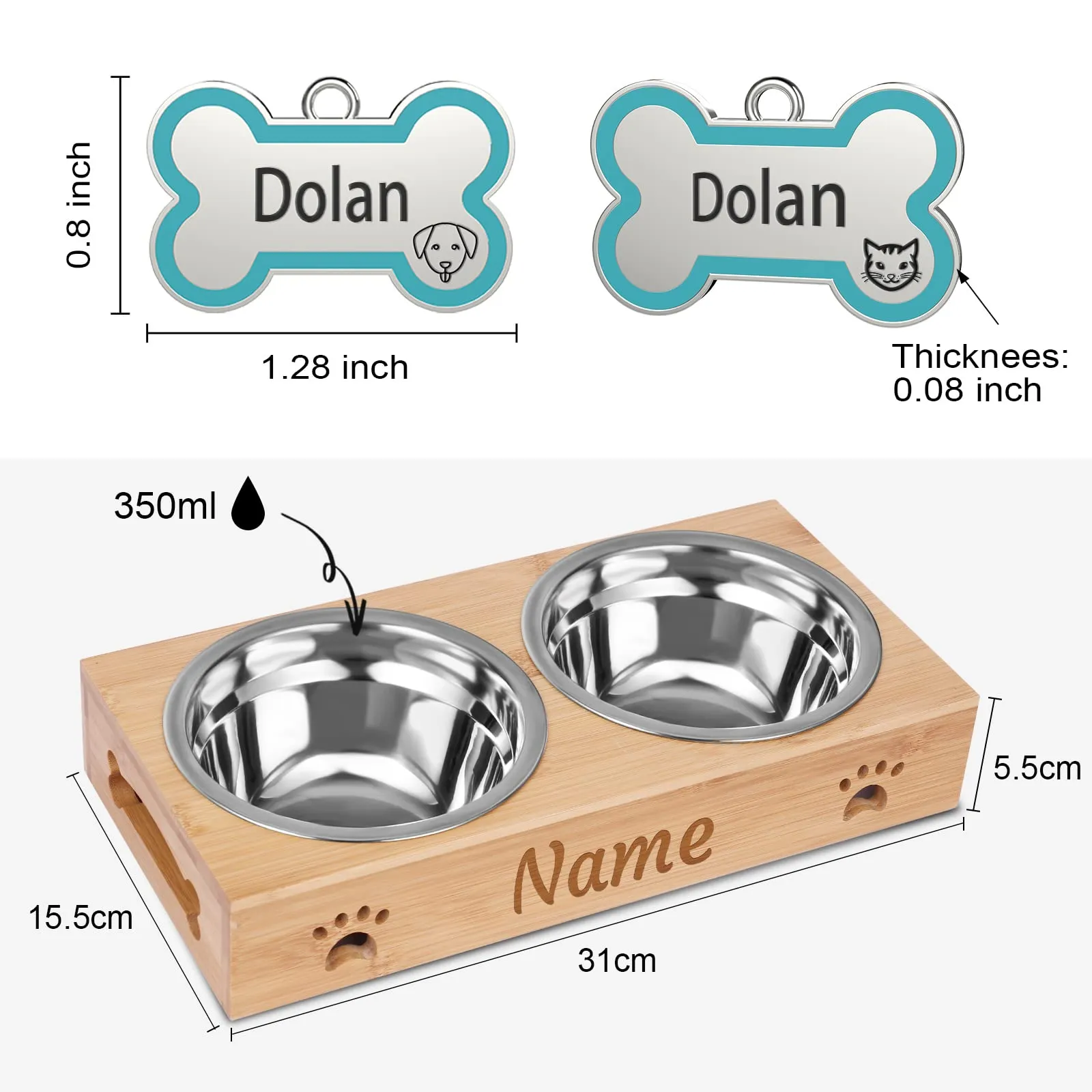 CGFN Ciotole Personalizzate per Cani e Gatti con Nome, Stazione di Alimentazione con Base in Bambù - Testo Personalizzabile (Con Piastrine) - immagine 4