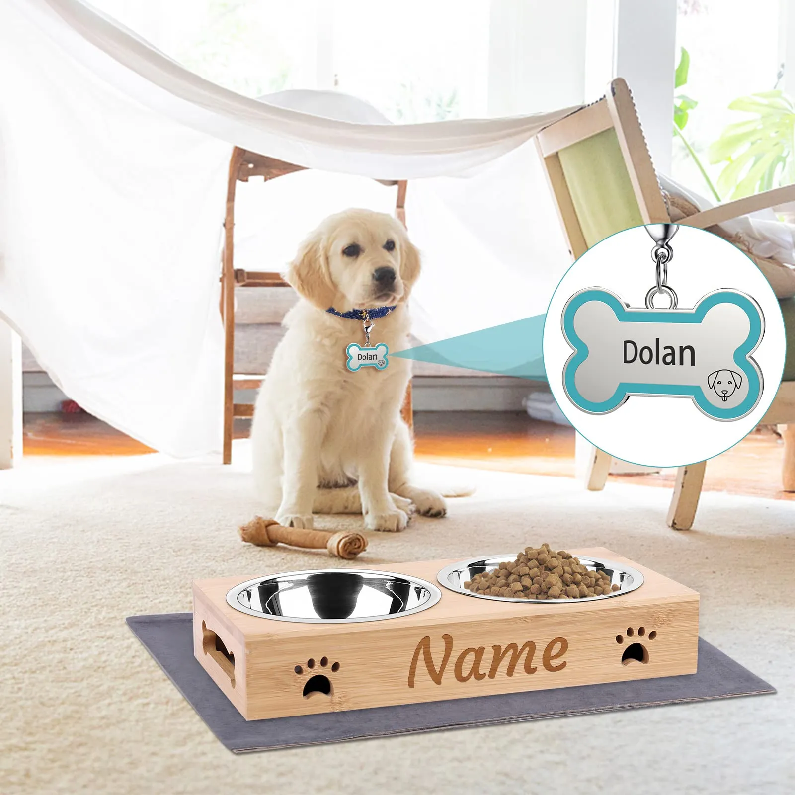 CGFN Ciotole Personalizzate per Cani e Gatti con Nome, Stazione di Alimentazione con Base in Bambù - Testo Personalizzabile (Con Piastrine) - immagine 5