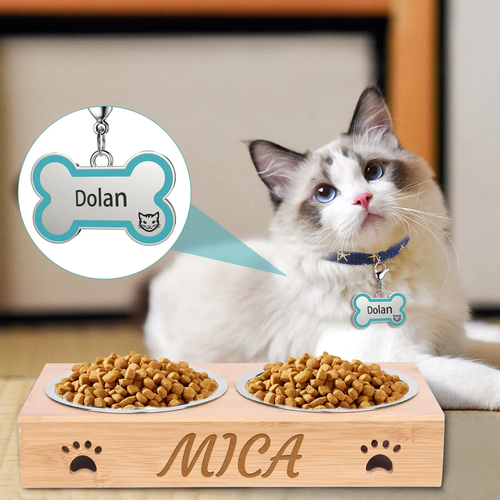 CGFN Ciotole Personalizzate per Cani e Gatti con Nome, Stazione di Alimentazione con Base in Bambù - Testo Personalizzabile (Con Piastrine) - immagine 6