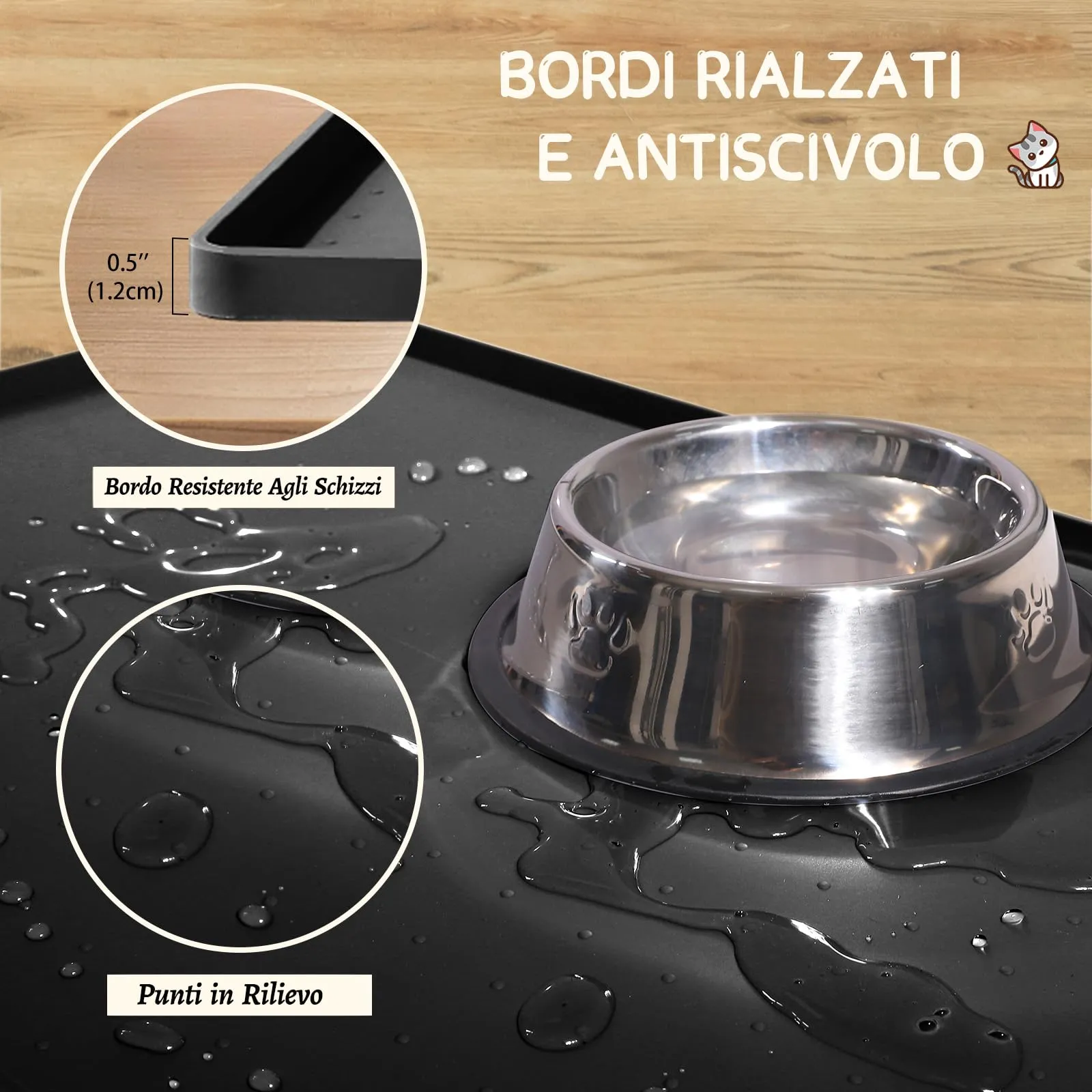 MateeyLife Tappetino Sottociotola per Cani Grande, Antiscivolo Tappetino Silicone Ciotole per Cani, Tappeto Ciotole Cane, Tovaglietta Silicone Cane, Sottociotola Cibo Gatti con Bordo, 45 x 30 cm - immagine 3