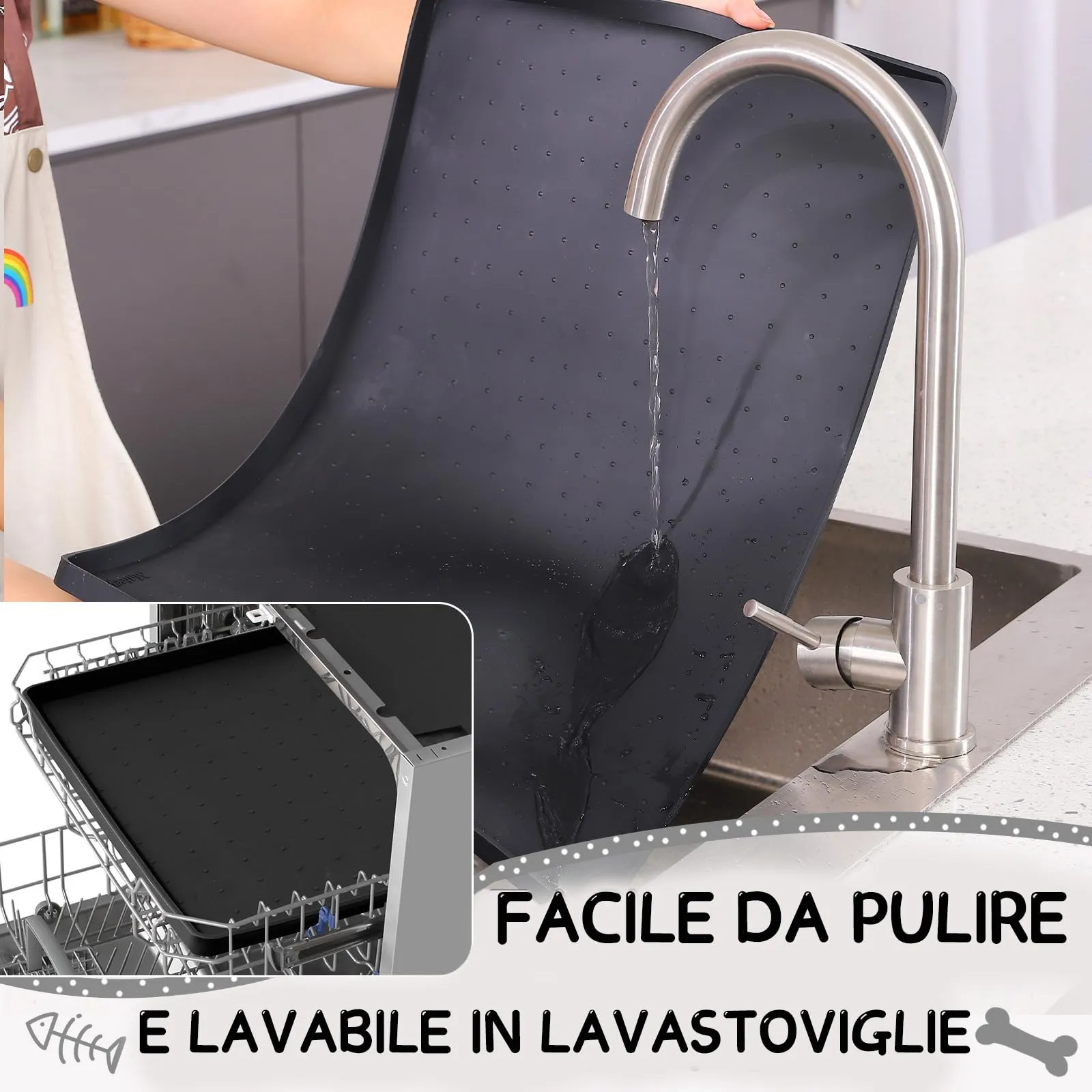 MateeyLife Tappetino Sottociotola per Cani Grande, Antiscivolo Tappetino Silicone Ciotole per Cani, Tappeto Ciotole Cane, Tovaglietta Silicone Cane, Sottociotola Cibo Gatti con Bordo, 55 x 30 cm - immagine 7