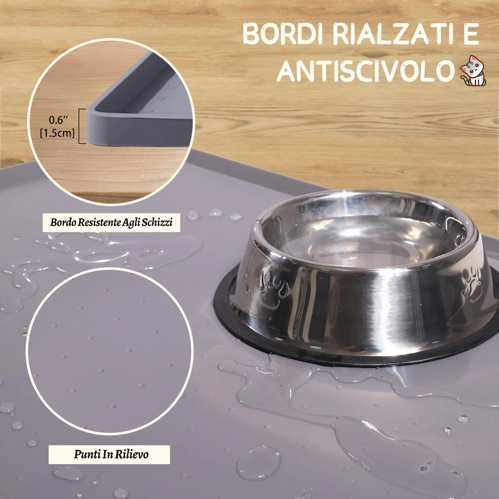 MateeyLife Tappetino Sottociotola per Cani Grande, Antiscivolo Tappetino Silicone Ciotole per Cani, Tappeto Ciotole Cane, Tovaglietta Silicone Cane, Sottociotola Cibo Gatti con Bordo, 55 x 30 cm - immagine 3