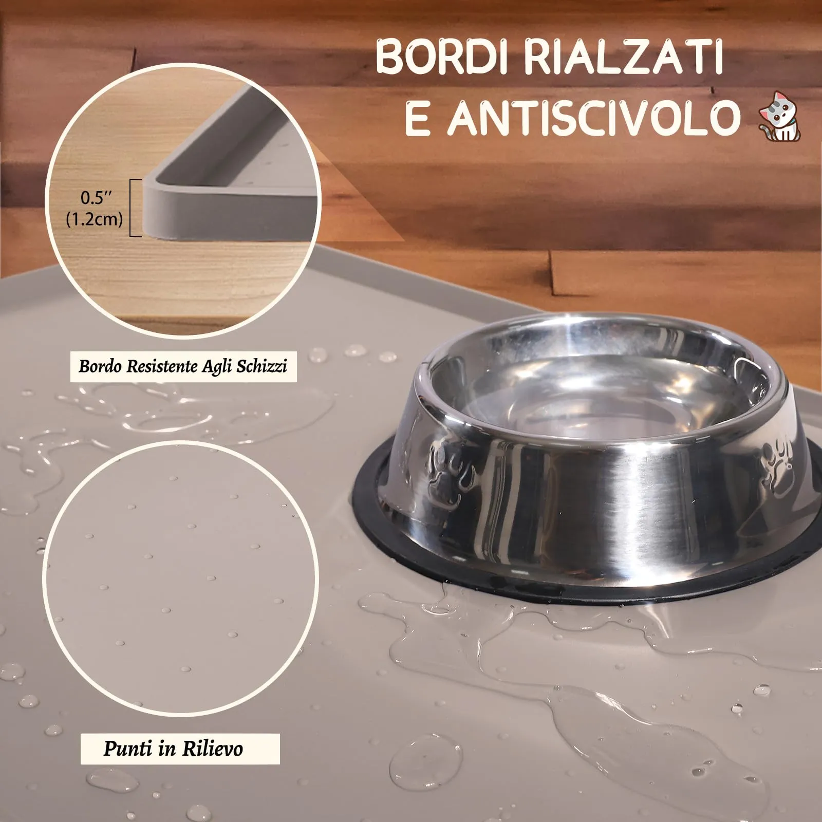 MateeyLife Tappetino Sottociotola per Cani Grande, Antiscivolo Tappetino Silicone Ciotole per Cani, Tappeto Ciotole Cane, Tovaglietta Silicone Cane, Sottociotola Cibo Gatti con Bordo, 45 x 30 cm - immagine 3
