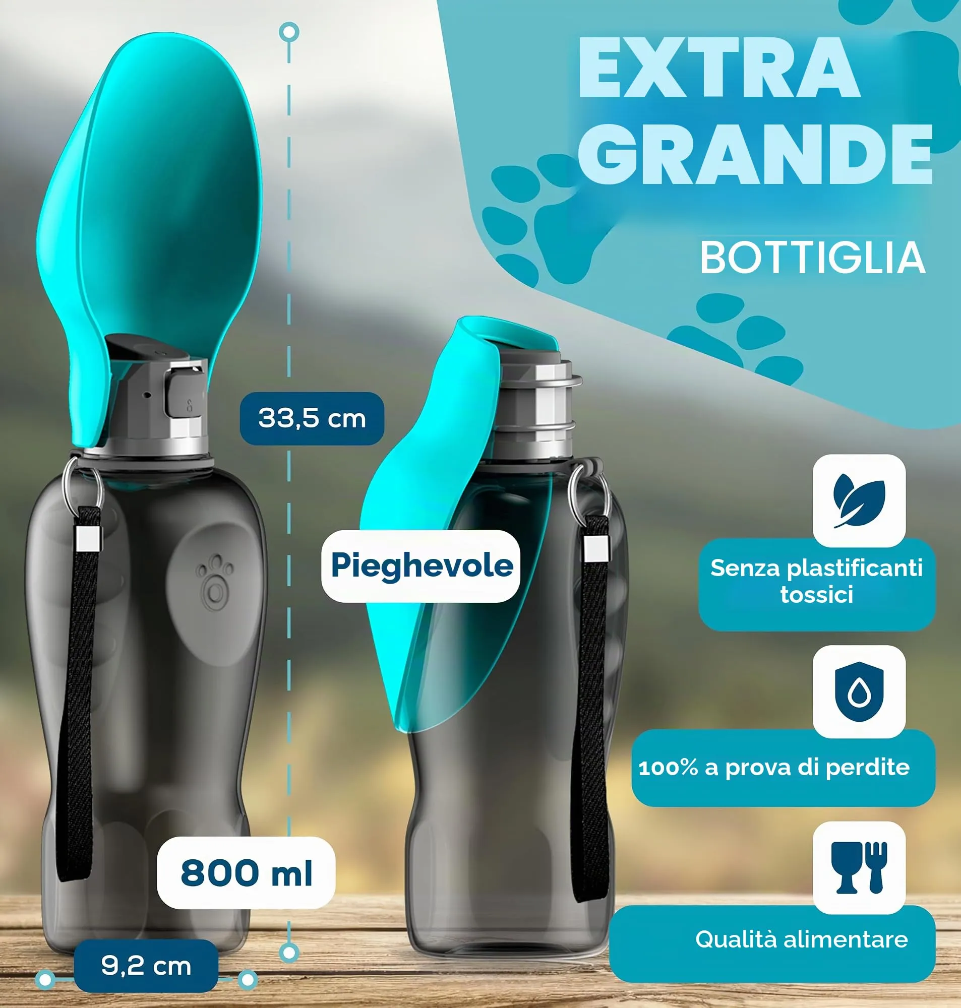 Paws Elegance Prova di Perdite Borraccia Cane Portatile da 800ml per il Viaggio | Incluso Contenitore per il Cibo e Spazzolino da Denti | Premium Beverino per Cani - immagine 2