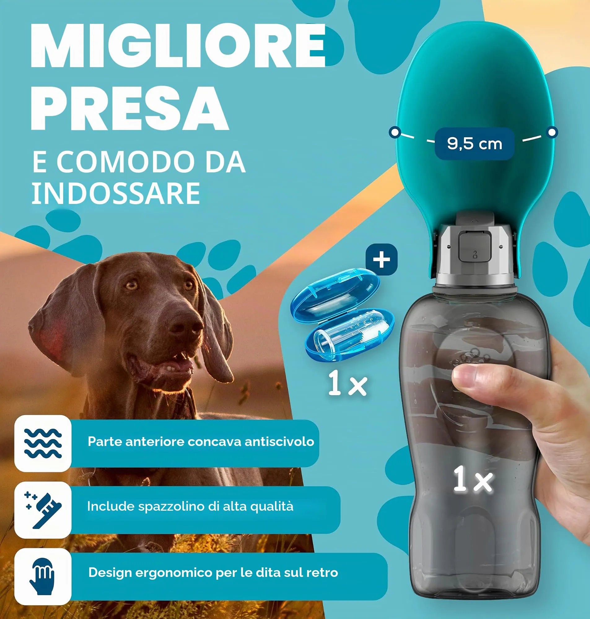 Paws Elegance Prova di Perdite Borraccia Cane Portatile da 800ml per il Viaggio | Incluso Contenitore per il Cibo e Spazzolino da Denti | Premium Beverino per Cani - immagine 3