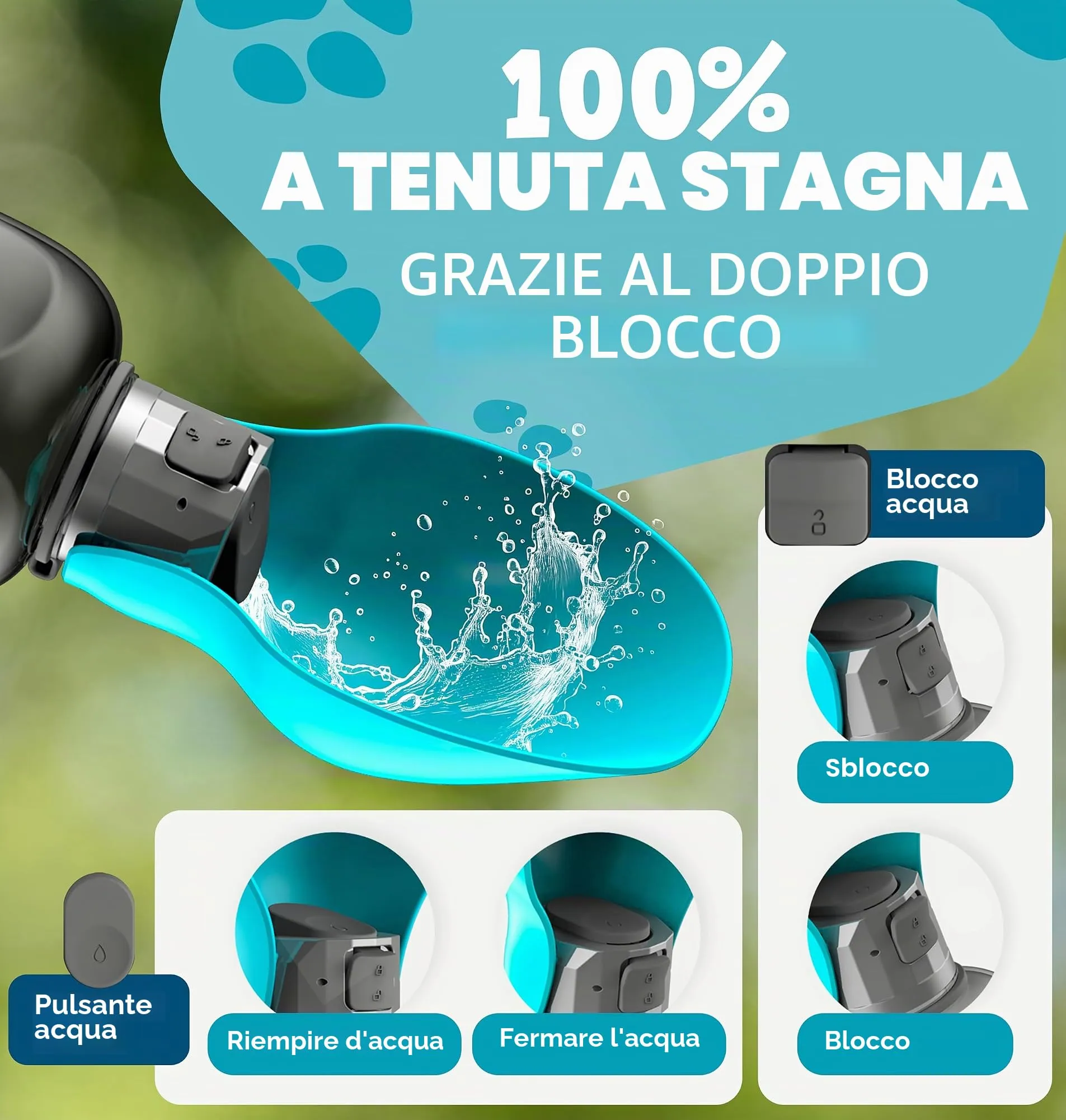 Paws Elegance Prova di Perdite Borraccia Cane Portatile da 800ml per il Viaggio | Incluso Contenitore per il Cibo e Spazzolino da Denti | Premium Beverino per Cani - immagine 4