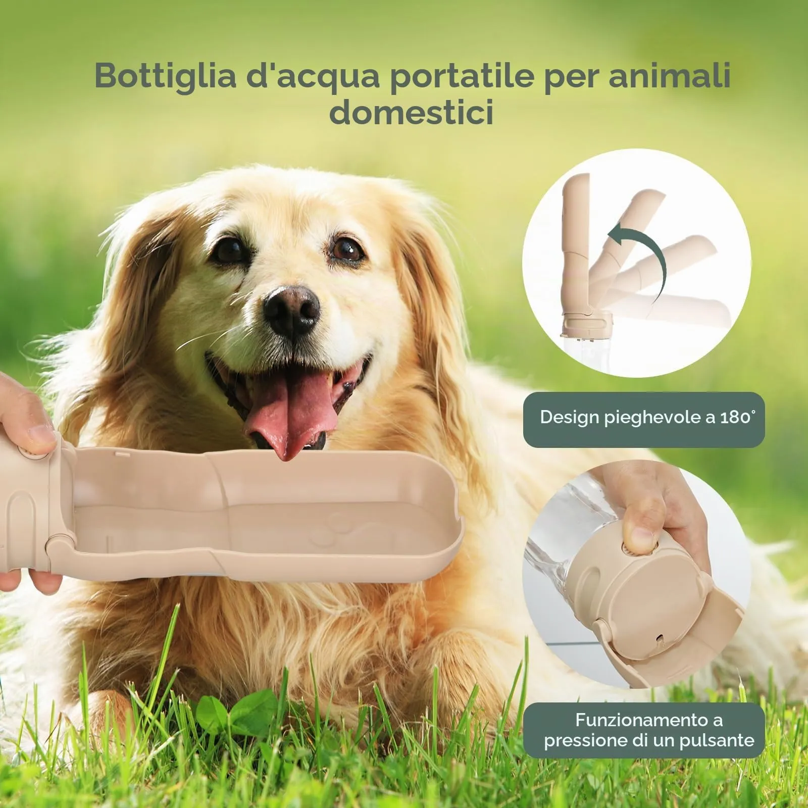 AiQInu 520ML Borraccia per Cani Portatile, 180° Ripiegabile Borraccia Cane, Antigoccia Dispenser Acqua Cani con Filtro a Carboni Attivi, Bottiglia Cani per Il Campeggio Quotidiano a Piedi - immagine 2