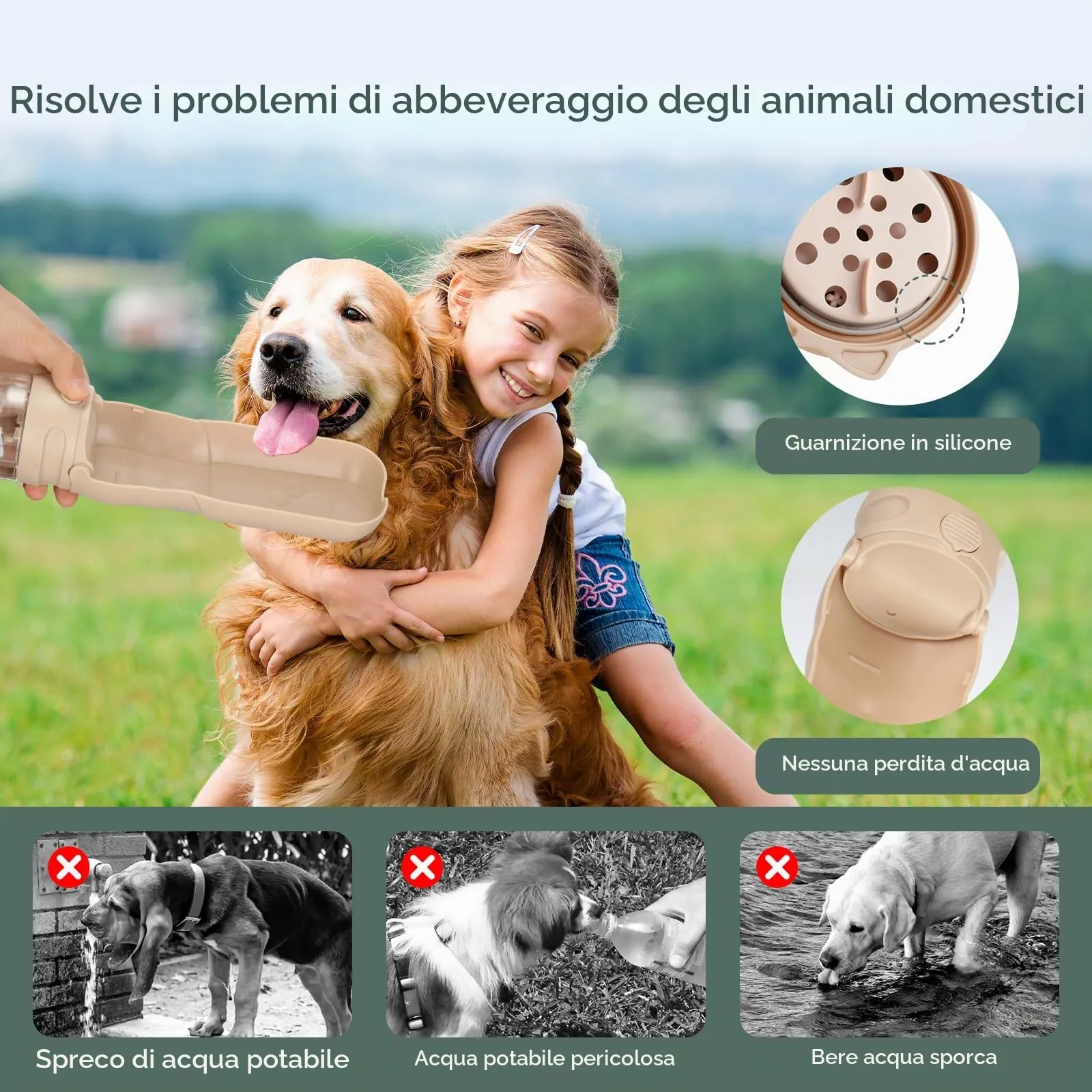 AiQInu 520ML Borraccia per Cani Portatile, 180° Ripiegabile Borraccia Cane, Antigoccia Dispenser Acqua Cani con Filtro a Carboni Attivi, Bottiglia Cani per Il Campeggio Quotidiano a Piedi - immagine 4