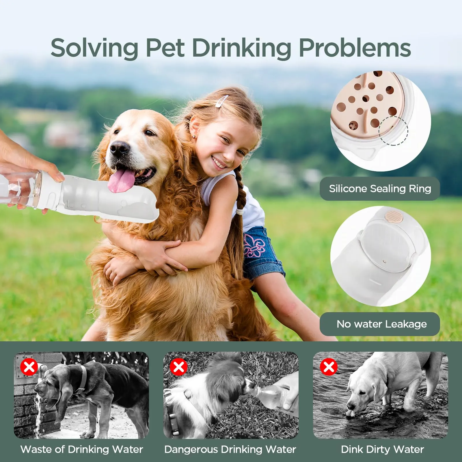 AiQInu 520ml Bottiglia per Cani, pieghevole a 180° & a prova di perdite, bottiglia portatile con filtro, grande capacità, bottiglia da viaggio per cani piccoli, gatti & animali domestici - immagine 3