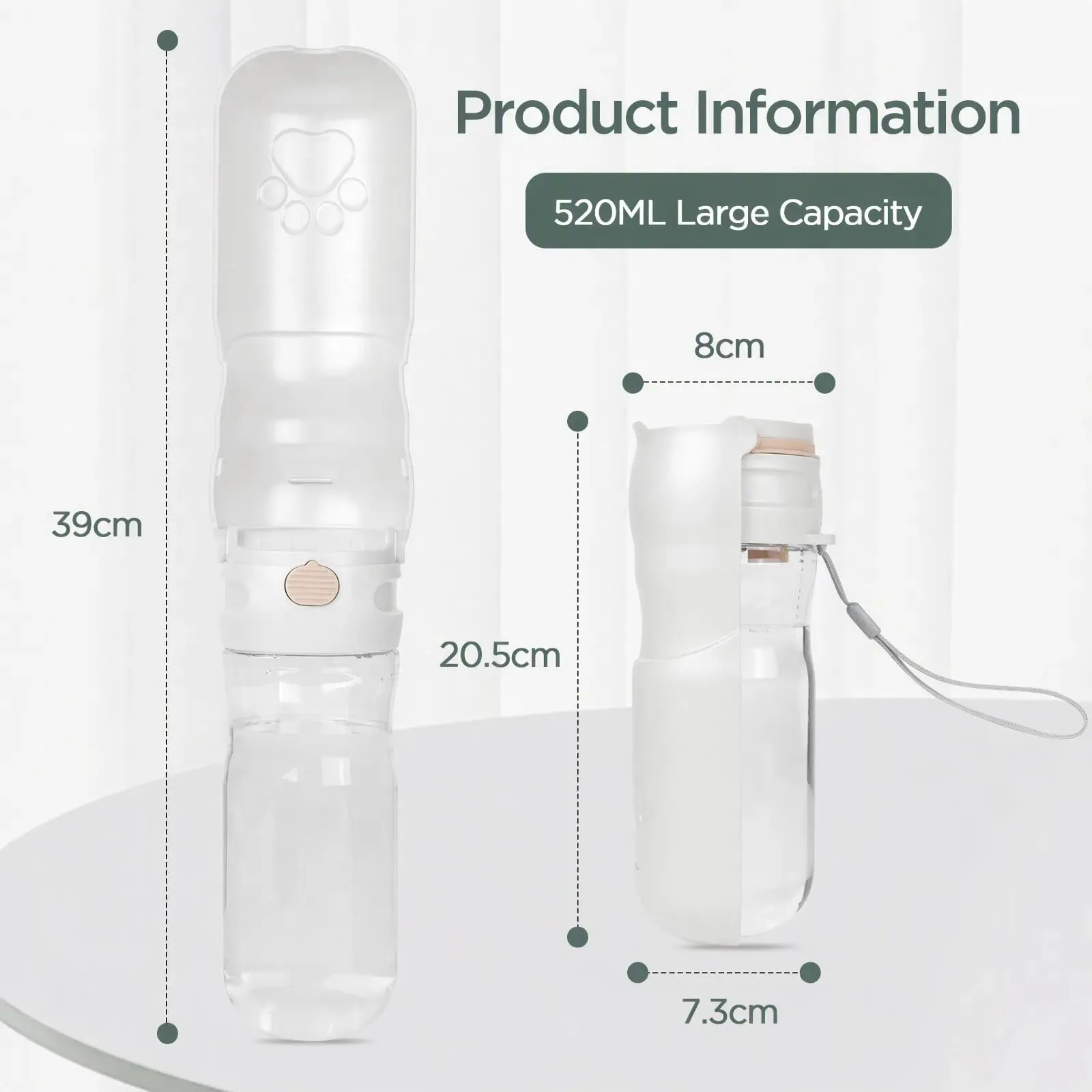 AiQInu 520ml Bottiglia per Cani, pieghevole a 180° & a prova di perdite, bottiglia portatile con filtro, grande capacità, bottiglia da viaggio per cani piccoli, gatti & animali domestici - immagine 5