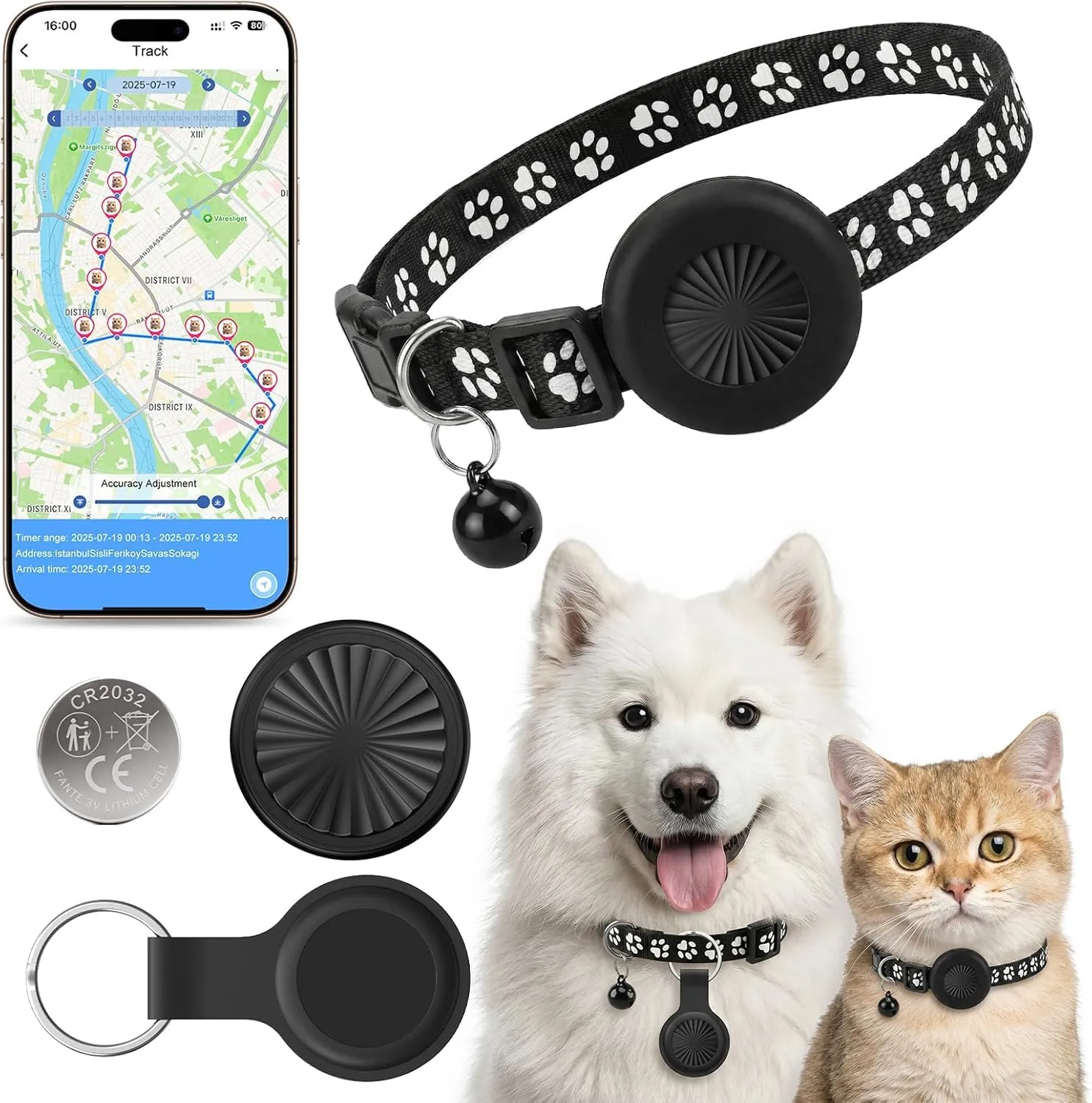 PHYNDR Collare GPS gatto, collare nero regolabile, doppio sistema localizzazione, archivio 7 giorni percorsi, iOS Android compatibile, IP67 impermeabile, anti-smarrimento gatti piccoli cani - immagine 1