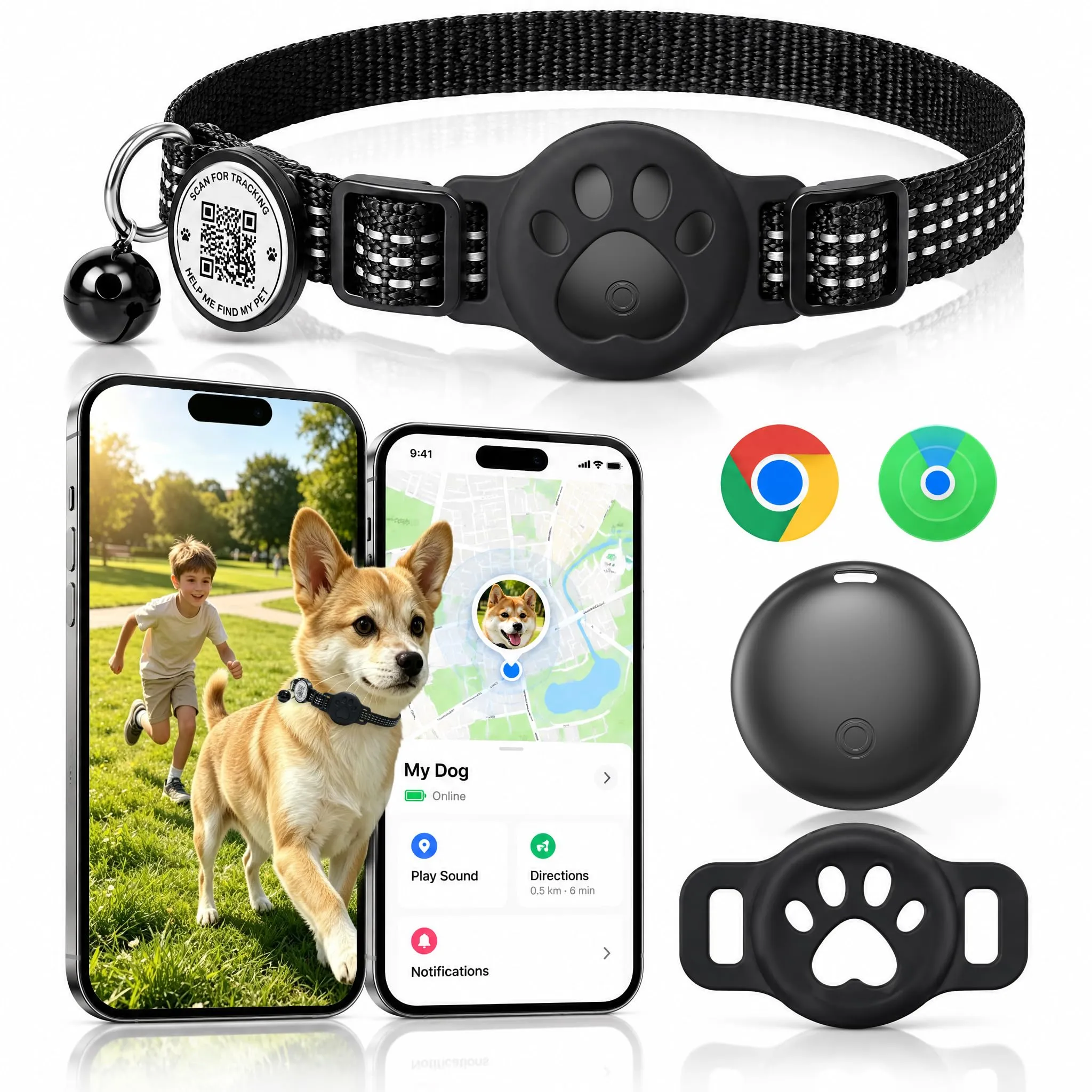 GPS per Gatti, Collare GPS per Gatti & Cani Compatibile con iOS e Android, Localizzatori GPS per Cani Senza Abbonamento Codice 2D Per Compilare le Informazioni, Regolabile, Riflesso Notturno - immagine 1