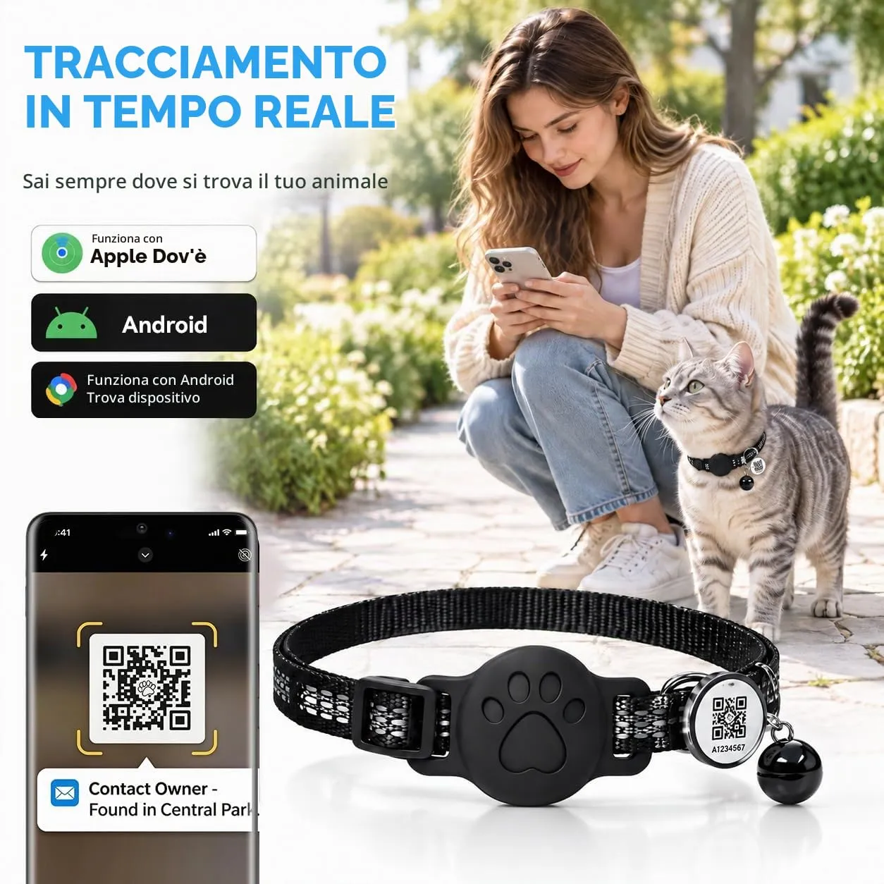 GPS per Gatti, Collare GPS per Gatti & Cani Compatibile con iOS e Android, Localizzatori GPS per Cani Senza Abbonamento Codice 2D Per Compilare le Informazioni, Regolabile, Riflesso Notturno - immagine 2
