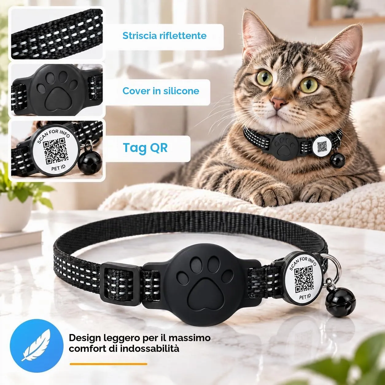 GPS per Gatti, Collare GPS per Gatti & Cani Compatibile con iOS e Android, Localizzatori GPS per Cani Senza Abbonamento Codice 2D Per Compilare le Informazioni, Regolabile, Riflesso Notturno - immagine 3